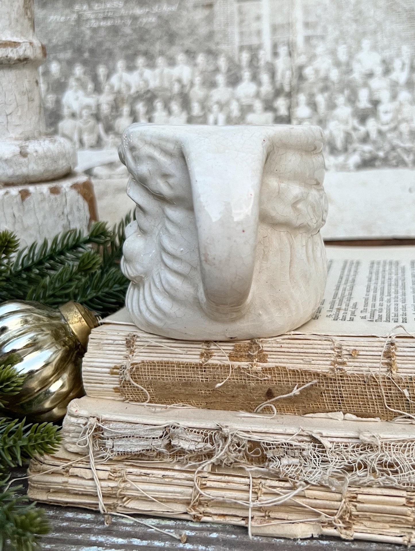 Vintage Ironstone Santa Claus Cup Mug FULL SIZE Creamy White Santa Farmhouse Christmas Decor RARE Japan Crazing Grungy Crazed