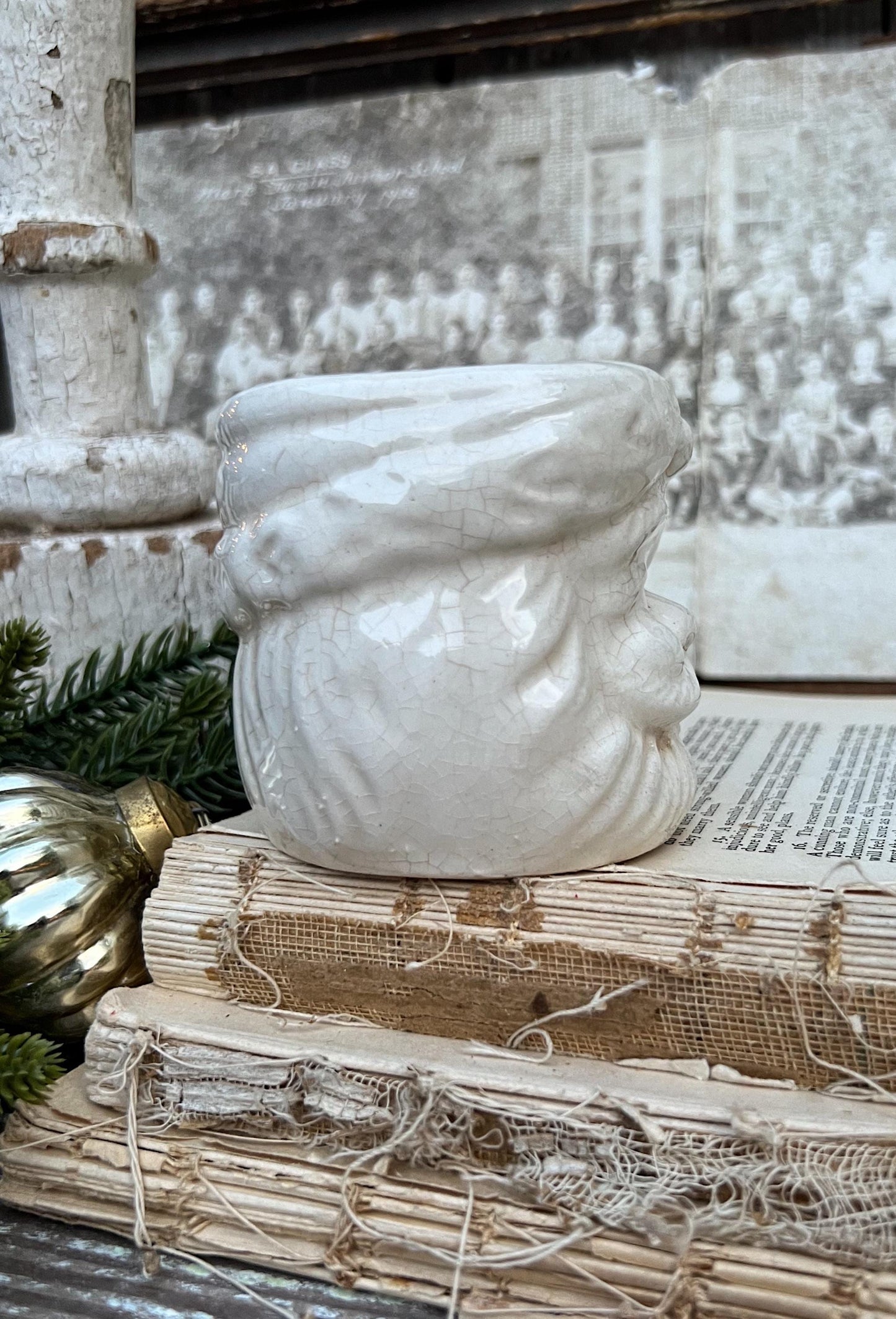 Vintage Ironstone Santa Claus Cup Mug FULL SIZE Creamy White Santa Farmhouse Christmas Decor RARE Japan Crazing Grungy Crazed