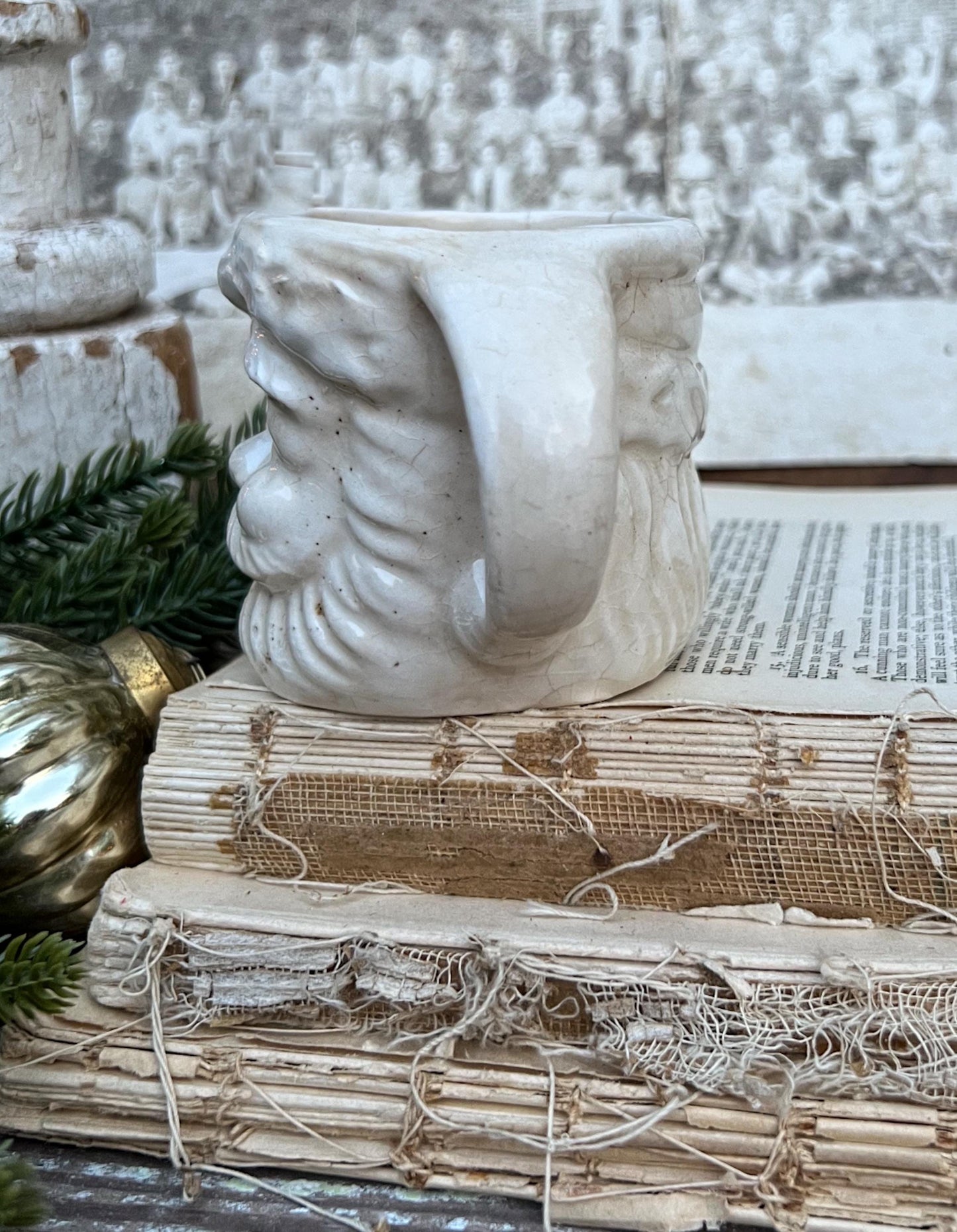Vintage Ironstone Santa Claus Cup Mug FULL SIZE Creamy White Santa Farmhouse Christmas Decor RARE Japan Crazing Grungy Crazed