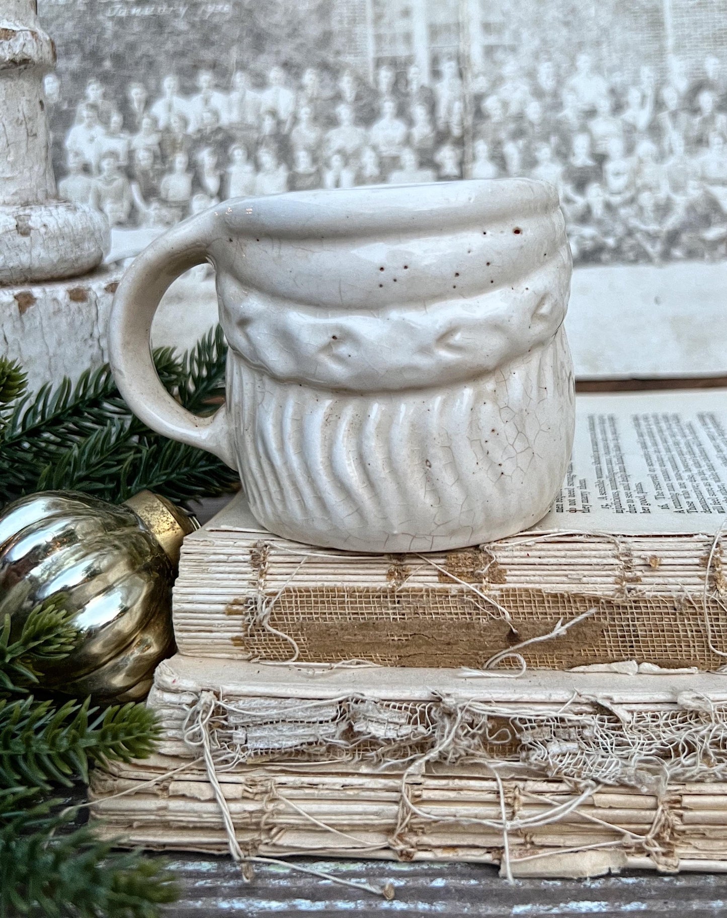 Vintage Ironstone Santa Claus Cup Mug FULL SIZE Creamy White Santa Farmhouse Christmas Decor RARE Japan Crazing Grungy Crazed