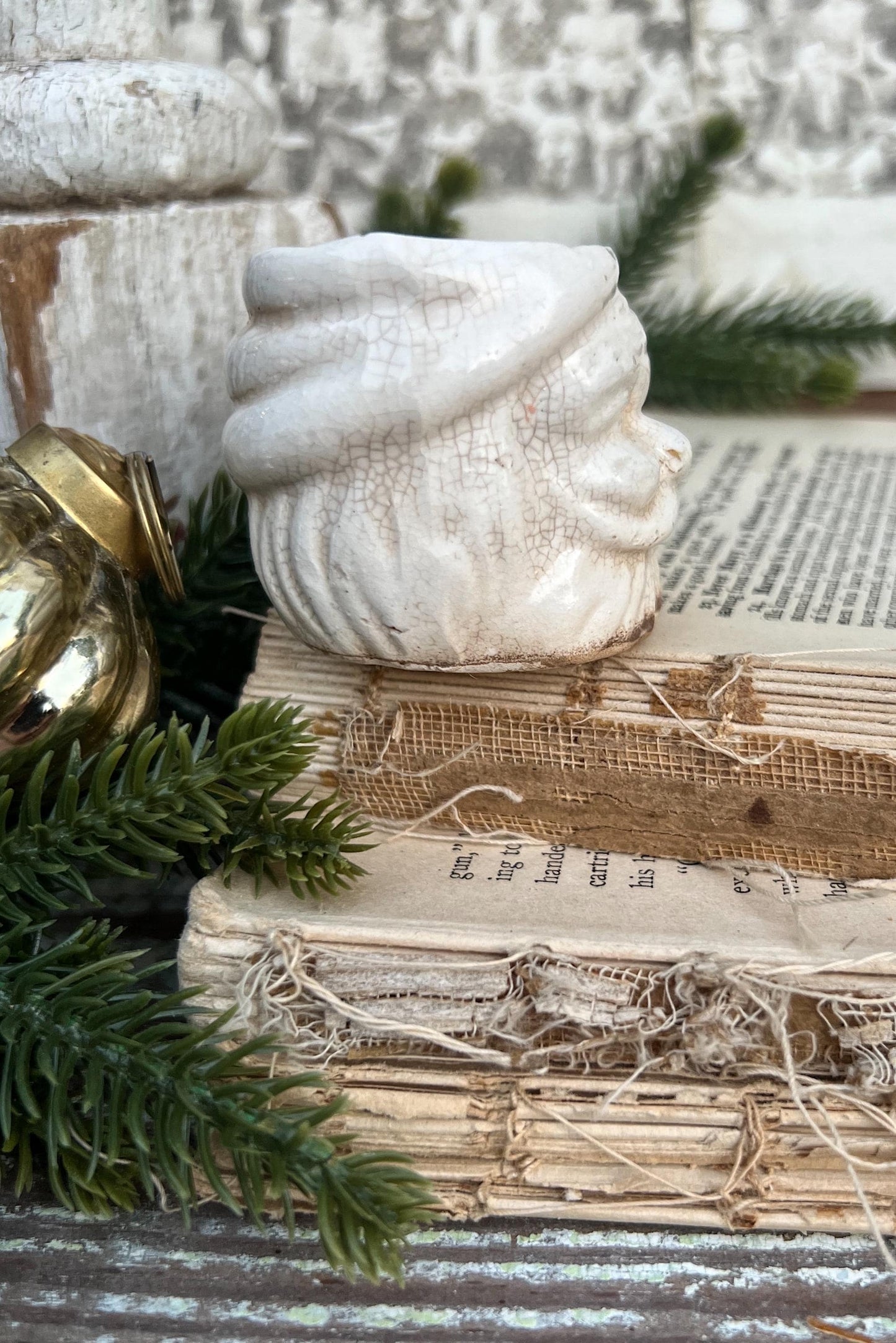 Vintage Ironstone Santa Claus Cup Mini Mug Santa Crazed Stained CREAMY WHITE Farmhouse Christmas Decor