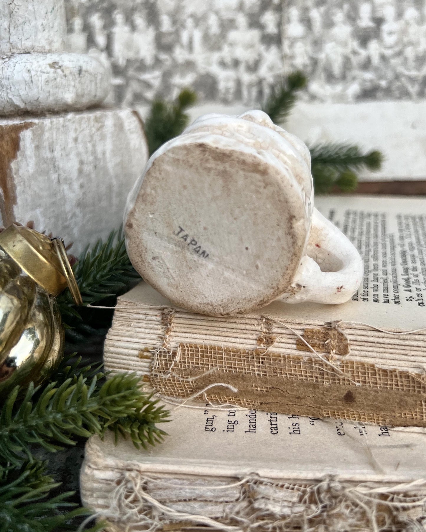 Vintage Ironstone Santa Claus Cup Mini Mug Santa Crazed Stained CREAMY WHITE Farmhouse Christmas Decor