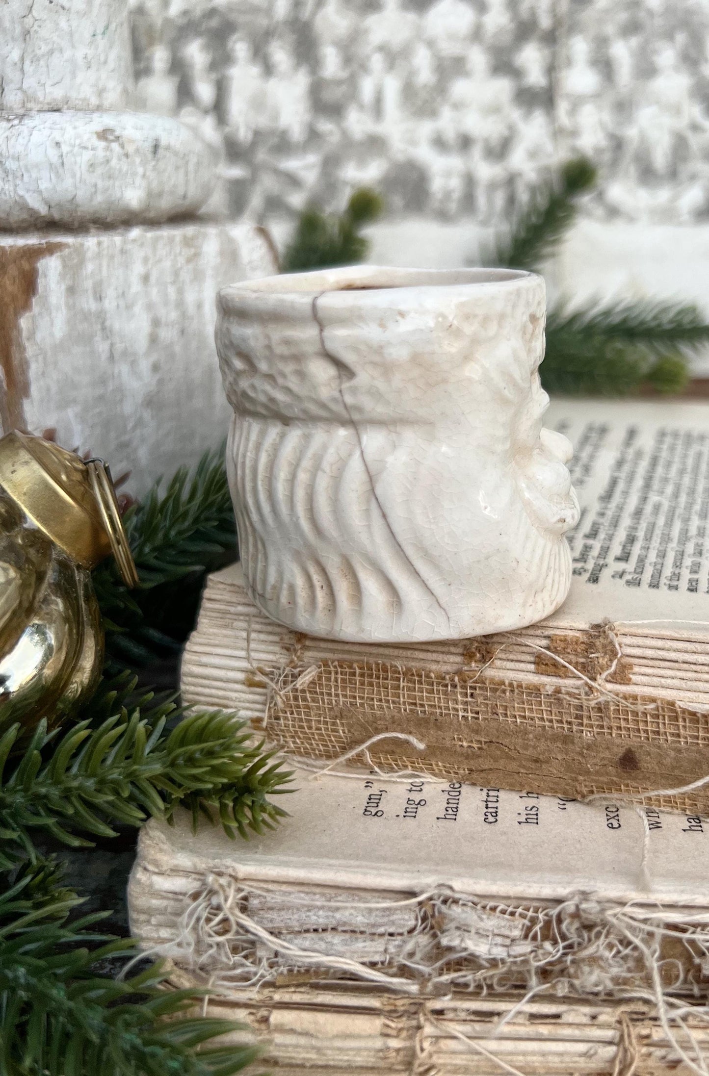 Vintage Ironstone Santa Claus Cup Mini Mug Santa Crazed Stained WHITE Farmhouse Christmas Decor JAPAN