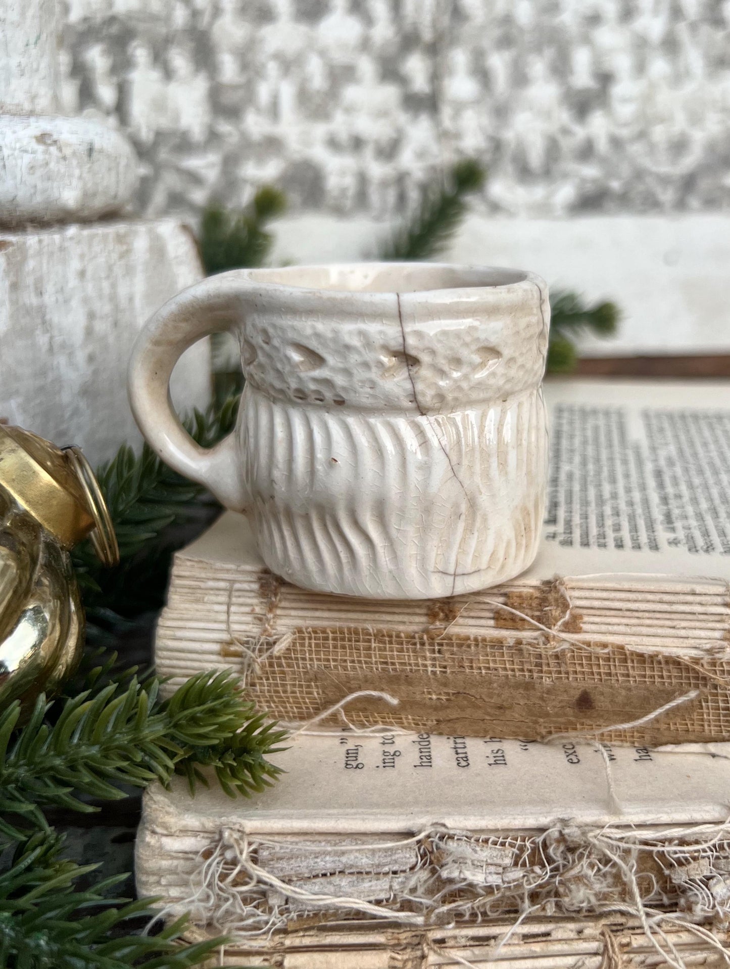 Vintage Ironstone Santa Claus Cup Mini Mug Santa Crazed Stained WHITE Farmhouse Christmas Decor JAPAN