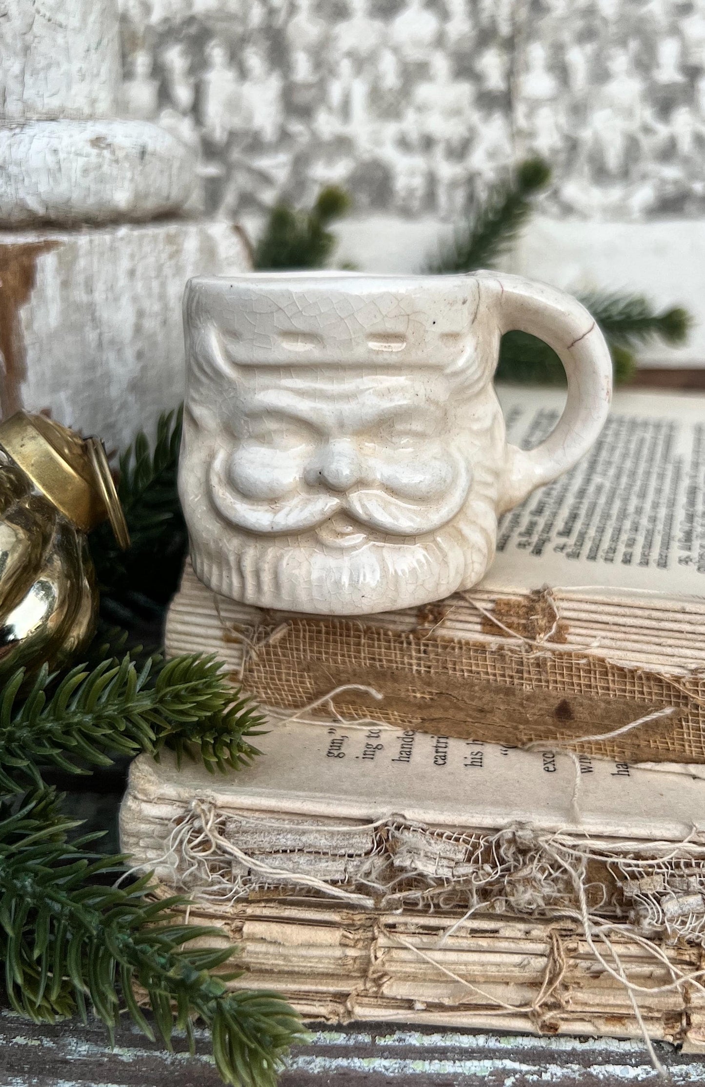 Vintage Ironstone Santa Claus Cup Mini Mug Santa Crazed Stained WHITE Farmhouse Christmas Decor JAPAN