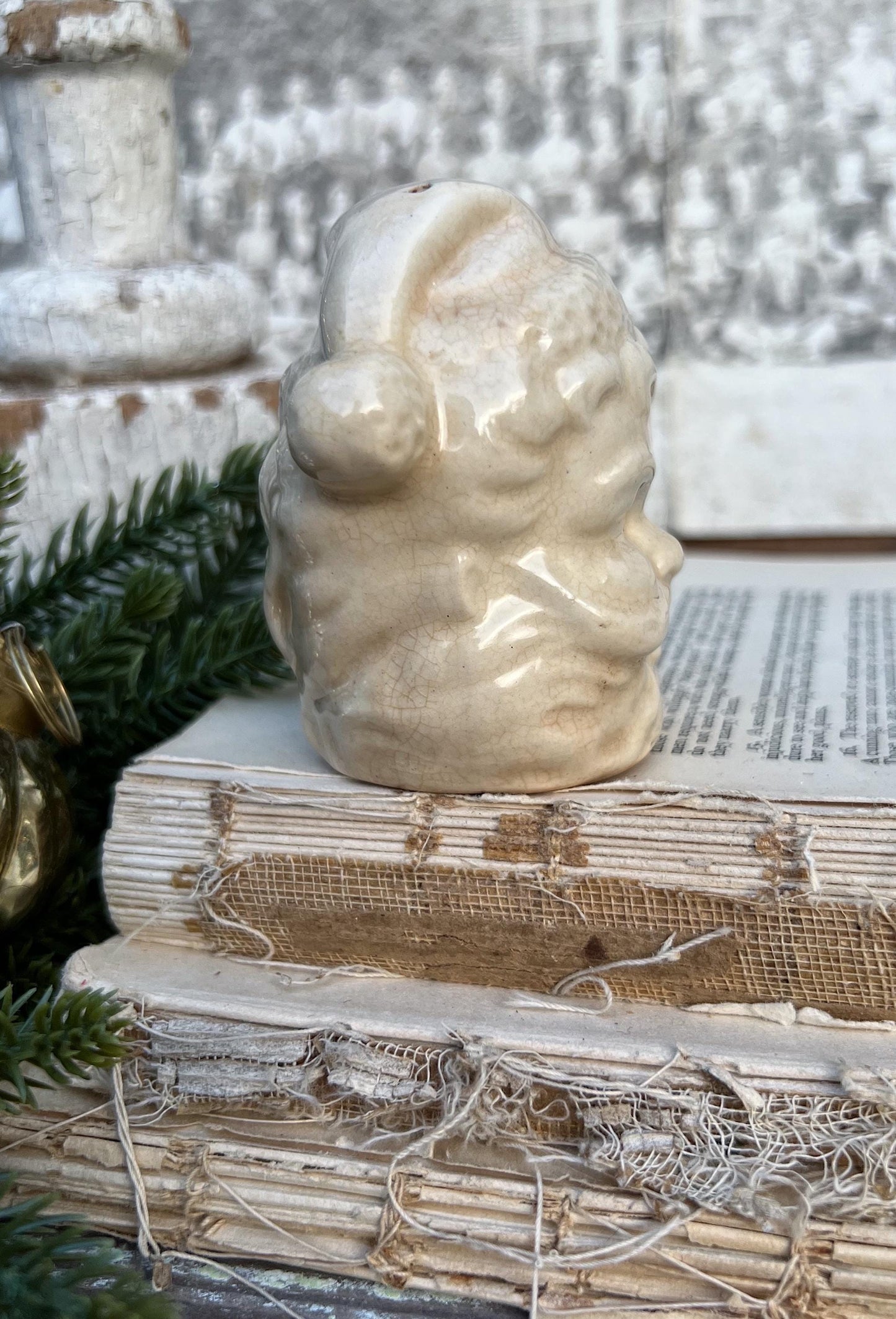 Vintage Ironstone Santa Claus Salt Shaker Creamy WHITE Crazed Stained Farmhouse Christmas Decor