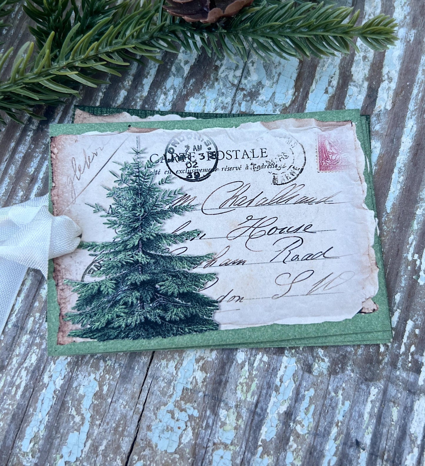Pine TREE Christmas Gift Tags Vintage POST CARD Farmhouse Decor Card French Shabby Gift Wrap Christmas Tree Ornament
