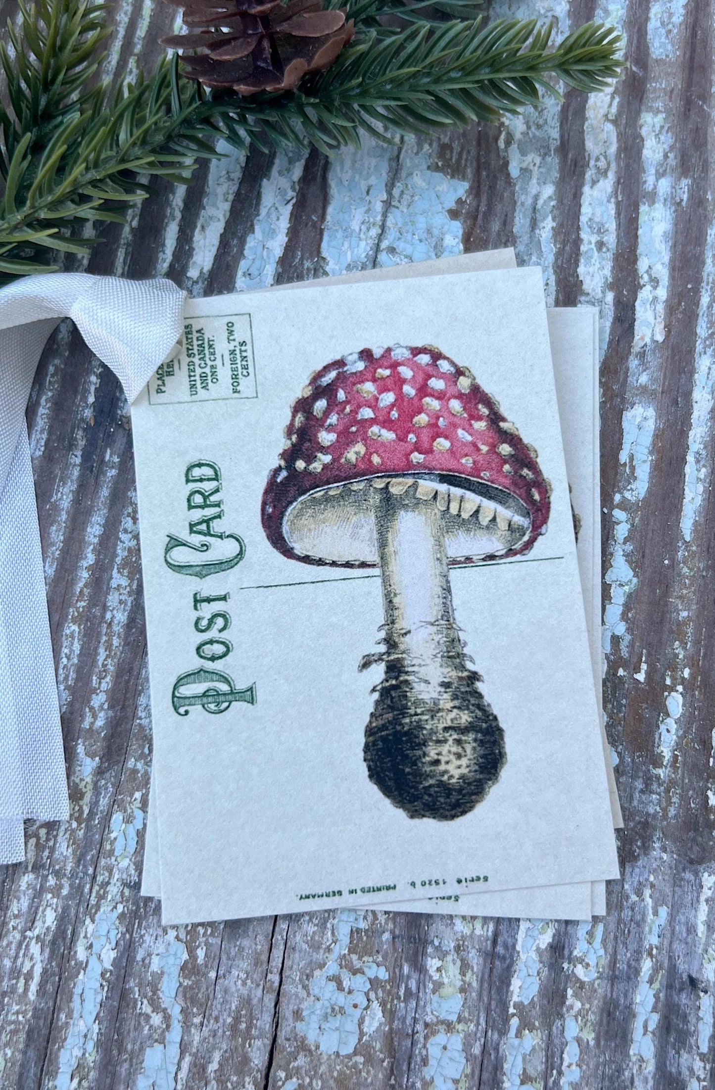 MUSHROOM Christmas Gift Tags Vintage POST CARD Red Farmhouse Decor Card French Shabby Gift Wrap Christmas Ornament