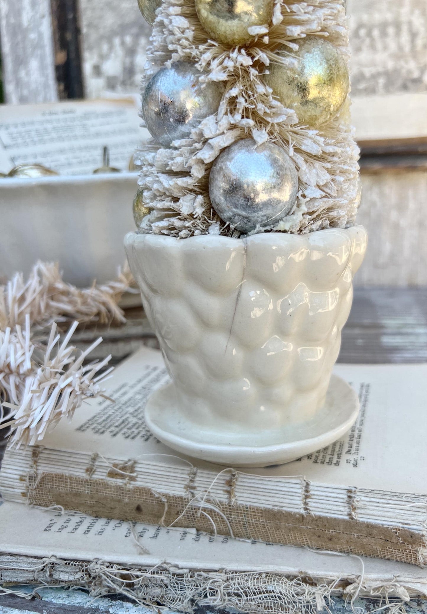 Antique Cream Ivory WHITE BUBBLE Flower Pot With Saucer USA Planter Container Farmhouse Vintage Garden Decor Christmas