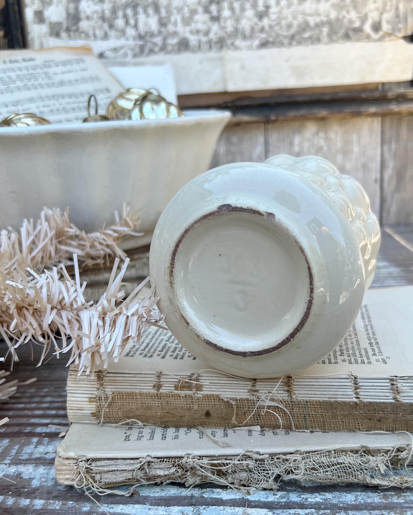 Antique Cream Ivory WHITE BUBBLE Flower Pot With Saucer USA Planter Container Farmhouse Vintage Garden Decor Christmas