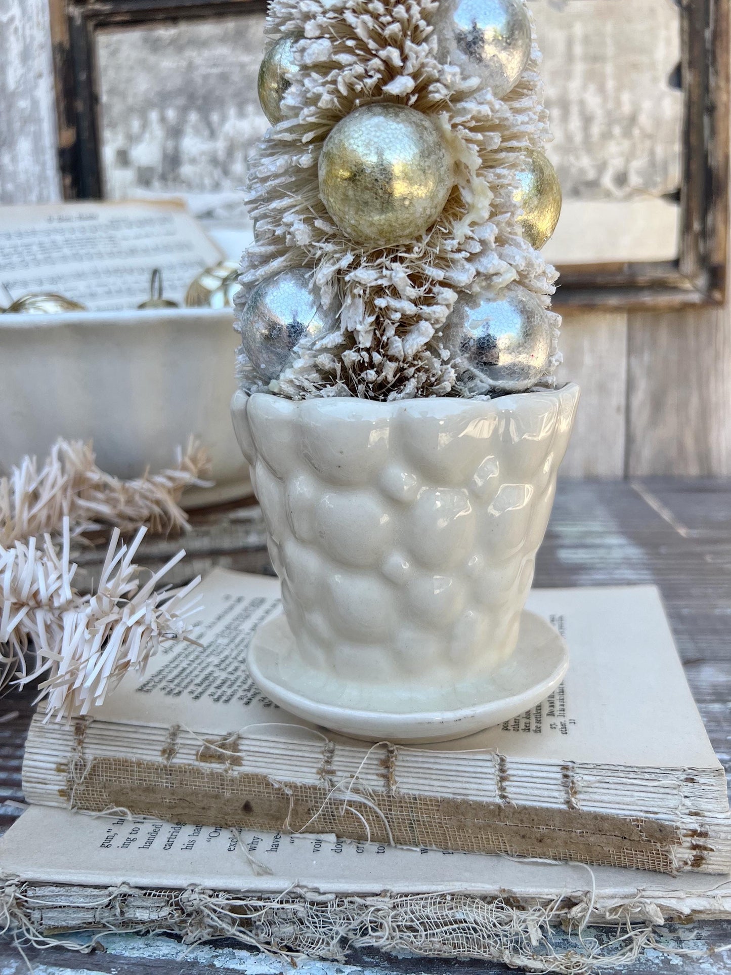 Antique Cream Ivory WHITE BUBBLE Flower Pot With Saucer USA Planter Container Farmhouse Vintage Garden Decor Christmas