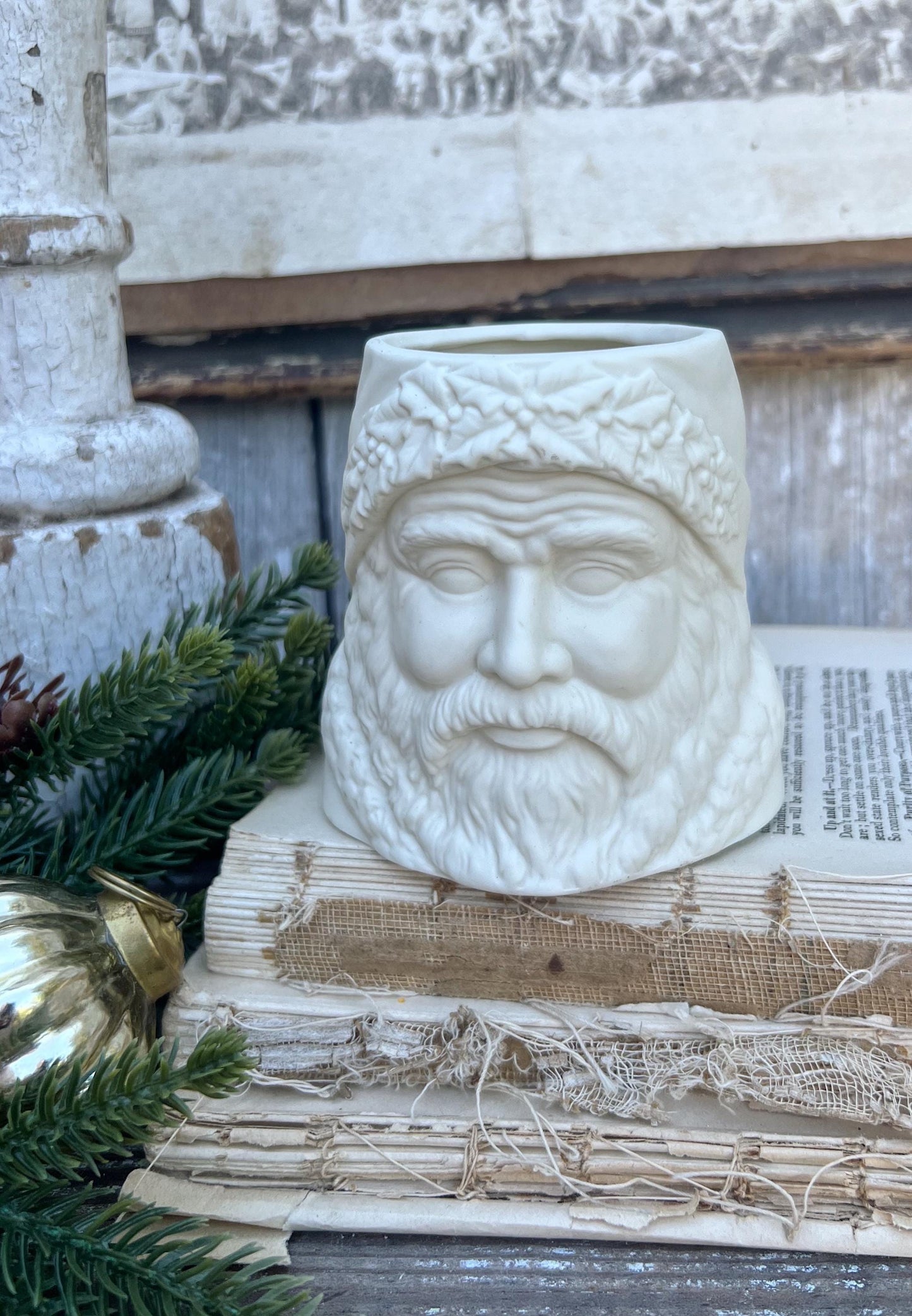 Vintage Santa Claus Face Planter Candle Holder LEFTON Creamy White Santa Farmhouse Christmas Decor