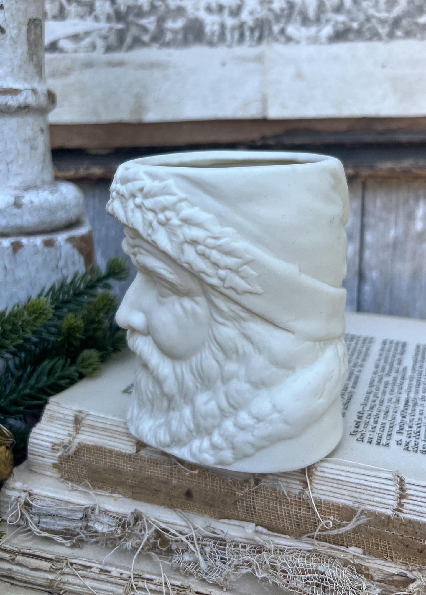 Vintage Santa Claus Face Planter Candle Holder LEFTON Creamy White Santa Farmhouse Christmas Decor