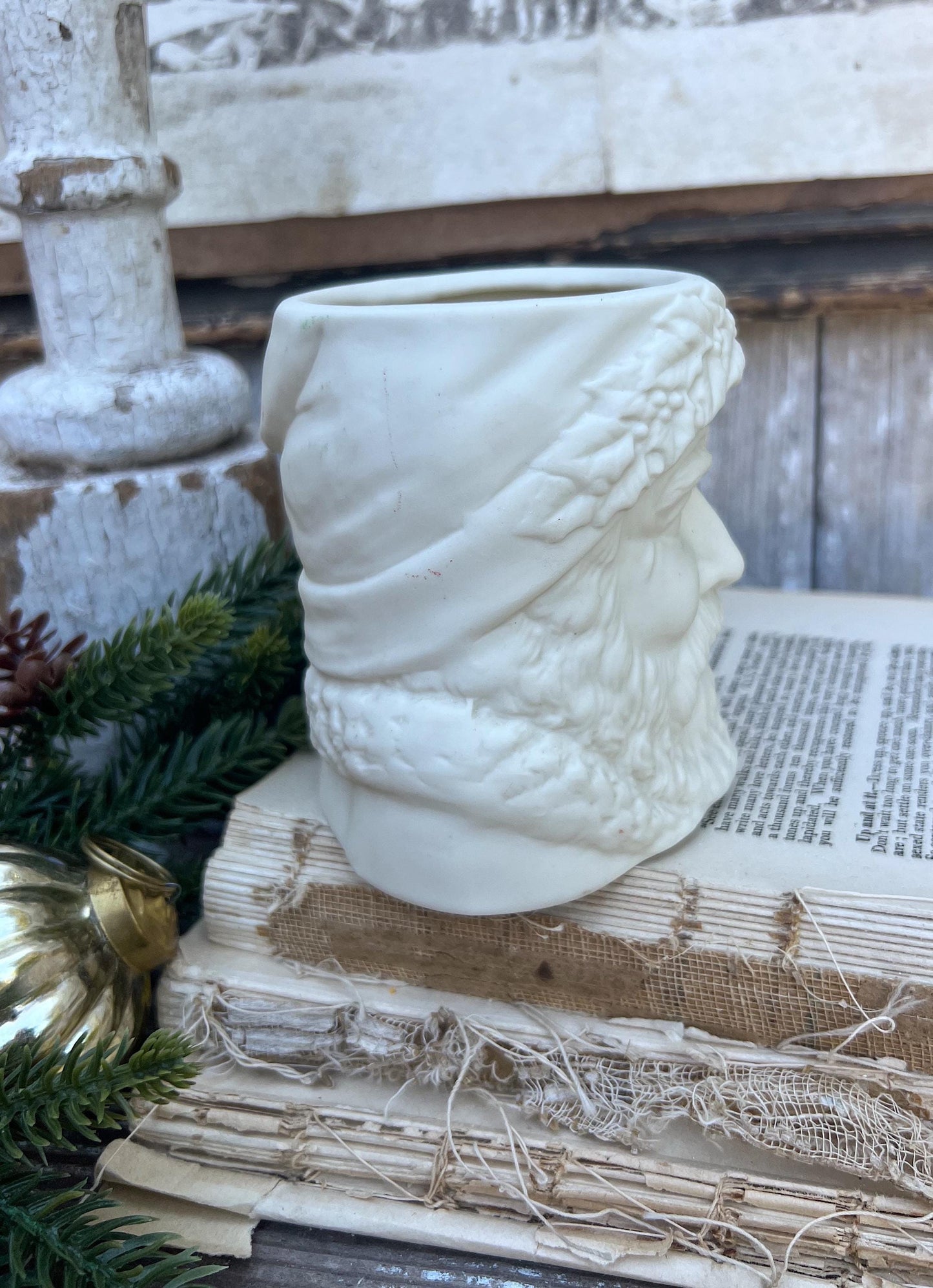 Vintage Santa Claus Face Planter Candle Holder LEFTON Creamy White Santa Farmhouse Christmas Decor