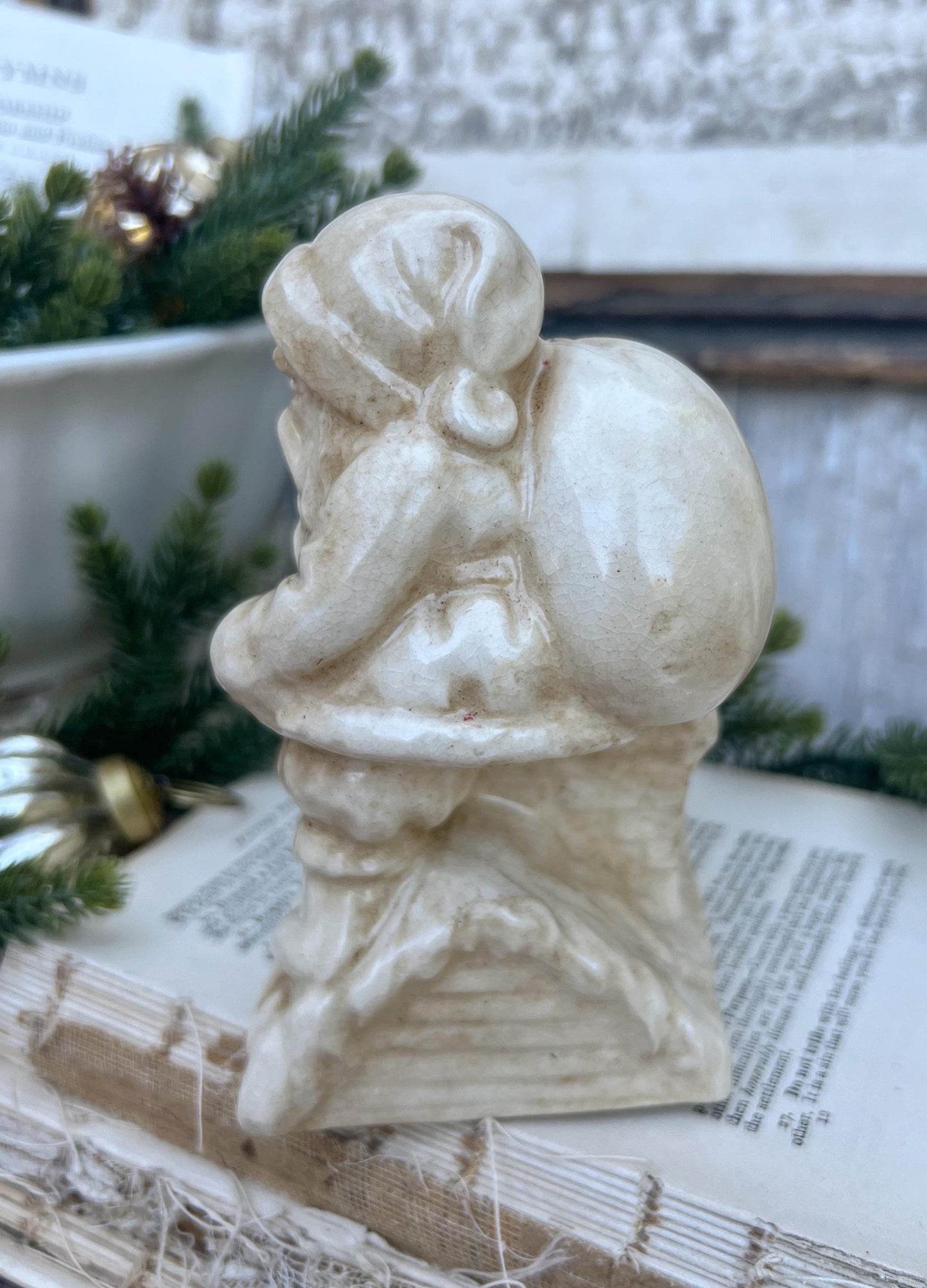Vintage SANTA CHIMNEY PLANTER Creamy White Ironstone Crazing Grungy Ceramic Container Farmhouse Christmas Decor Japan