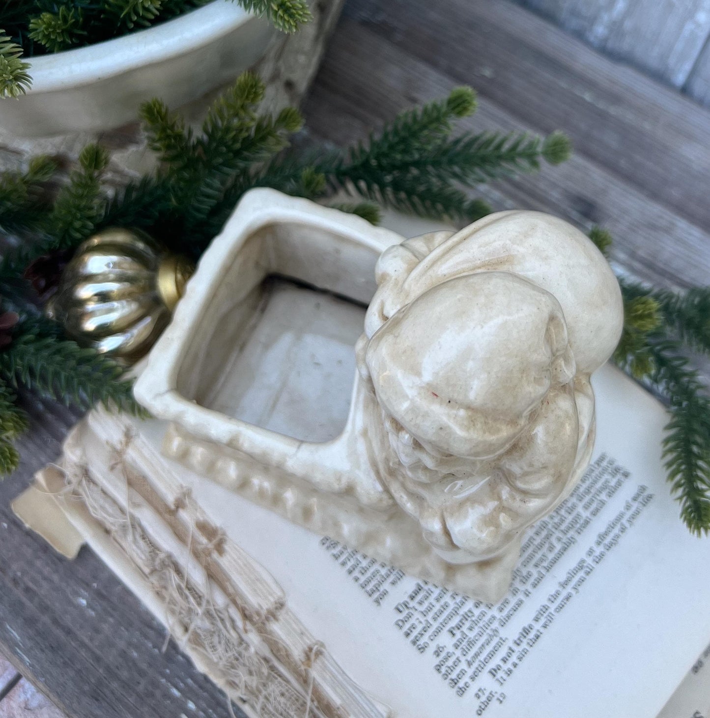 Vintage SANTA CHIMNEY PLANTER Creamy White Ironstone Crazing Grungy Ceramic Container Farmhouse Christmas Decor Japan