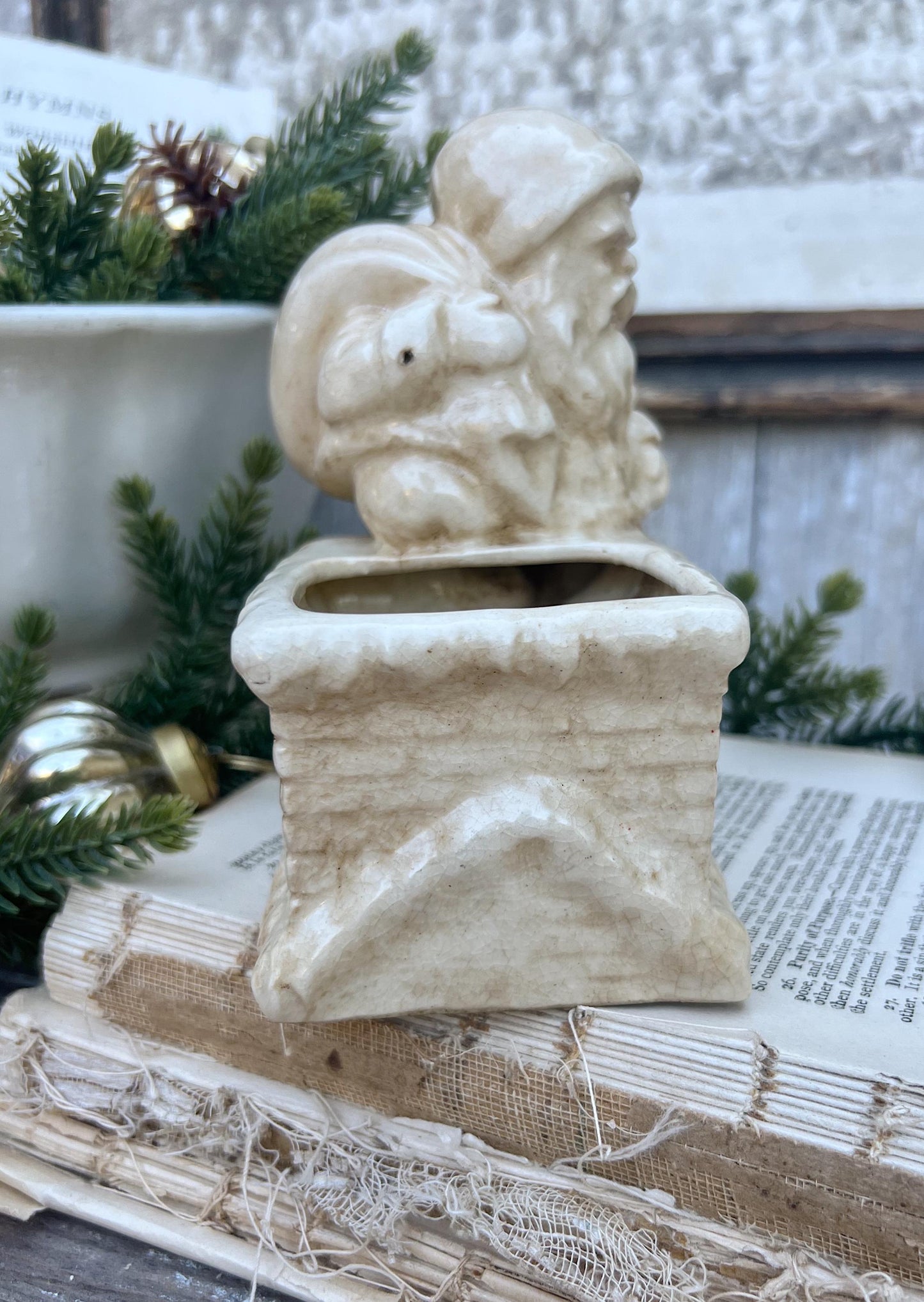 Vintage SANTA CHIMNEY PLANTER Creamy White Ironstone Crazing Grungy Ceramic Container Farmhouse Christmas Decor Japan
