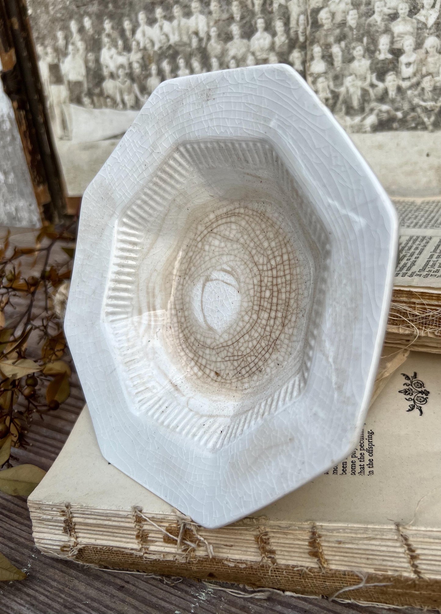 Vintage White Ironstone Bowl INDEPENDENCE Crazed Stained