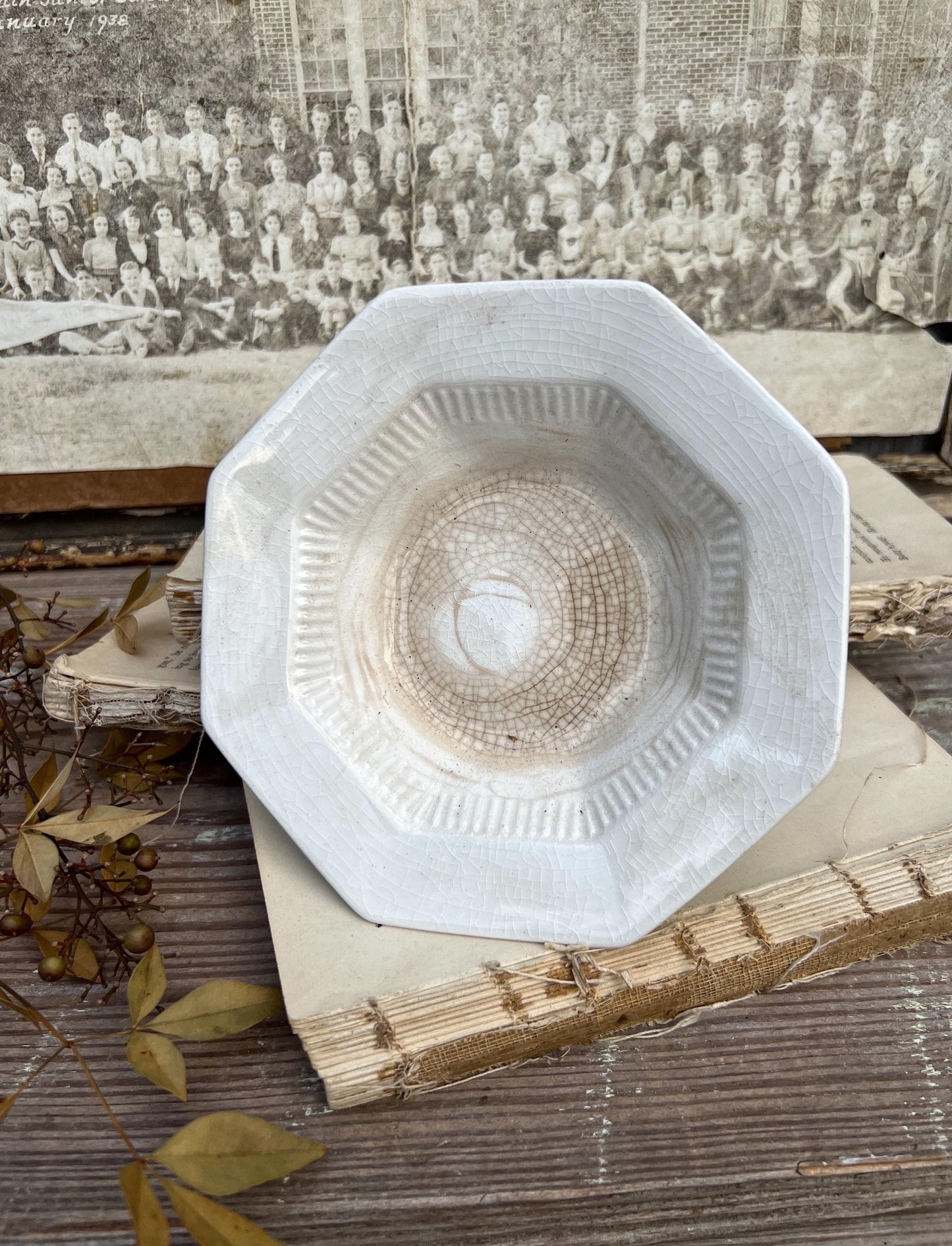 Vintage White Ironstone Bowl INDEPENDENCE Crazed Stained