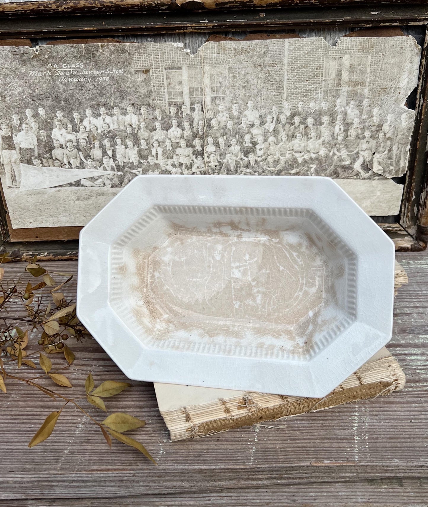 Vintage White Ironstone Oval Bowl Serving Dish INDEPENDENCE Farmhouse Decor GRUNGY Crazing Stained