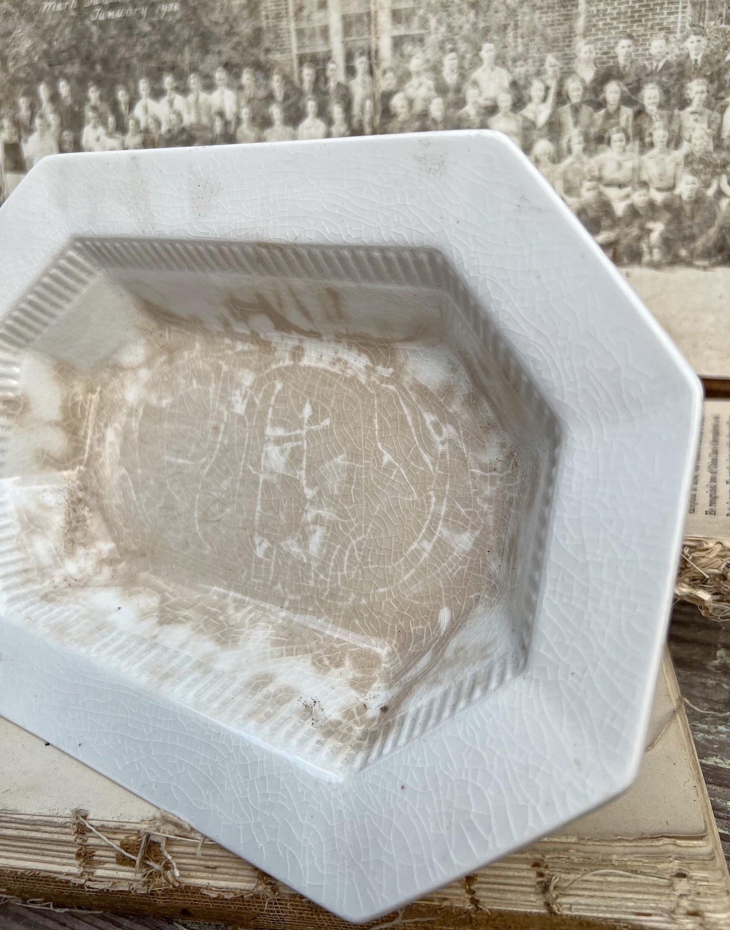 Vintage White Ironstone Divided Oval Bowl Serving Dish INDEPENDENCE Farmhouse Decor GRUNGY Crazing Stained