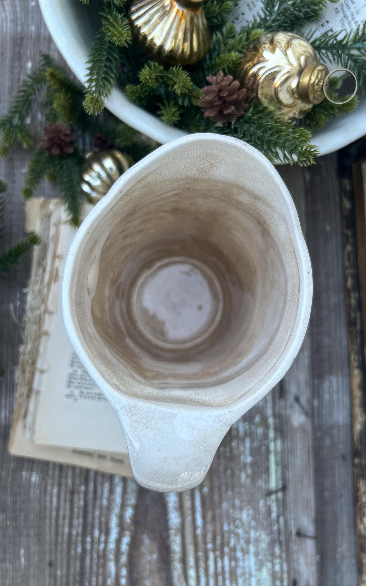 Vintage HOLT HOWARD 1959 Ironstone Santa Claus PITCHER Creamy White Santa Face Farmhouse Christmas Decor Rare Crazing Stained Large