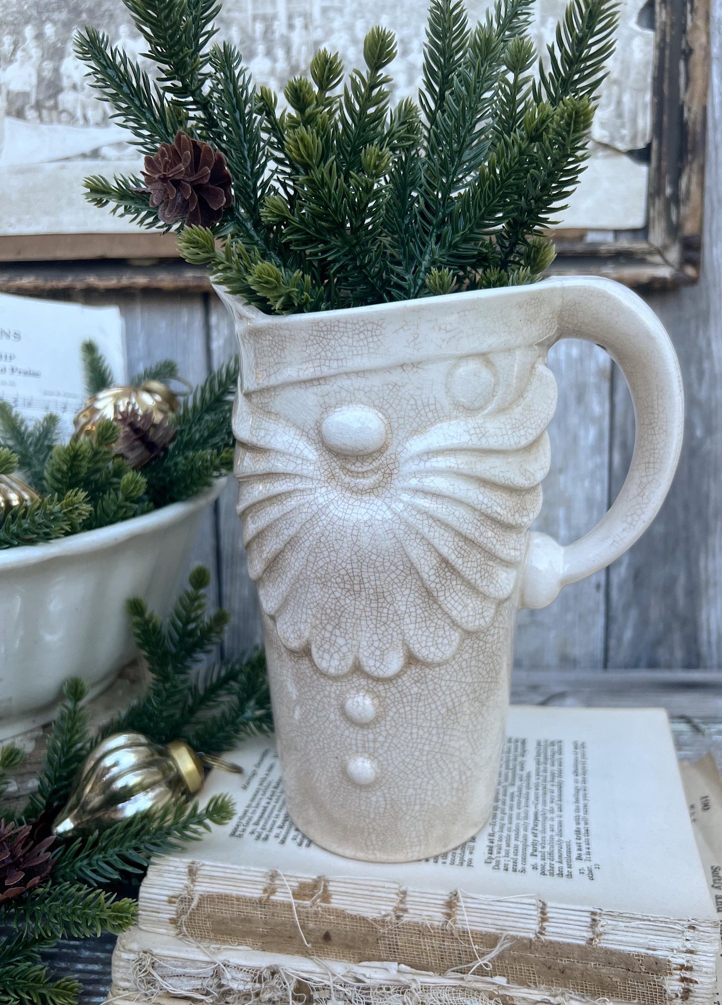 Vintage HOLT HOWARD 1959 Ironstone Santa Claus PITCHER Creamy White Santa Face Farmhouse Christmas Decor Rare Crazing Stained Large