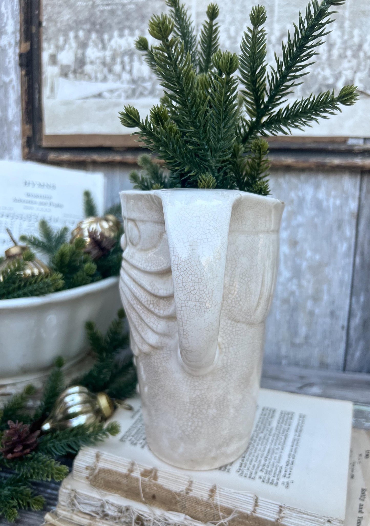 Vintage HOLT HOWARD 1959 Ironstone Santa Claus PITCHER Creamy White Santa Face Farmhouse Christmas Decor Rare Crazing Stained Large