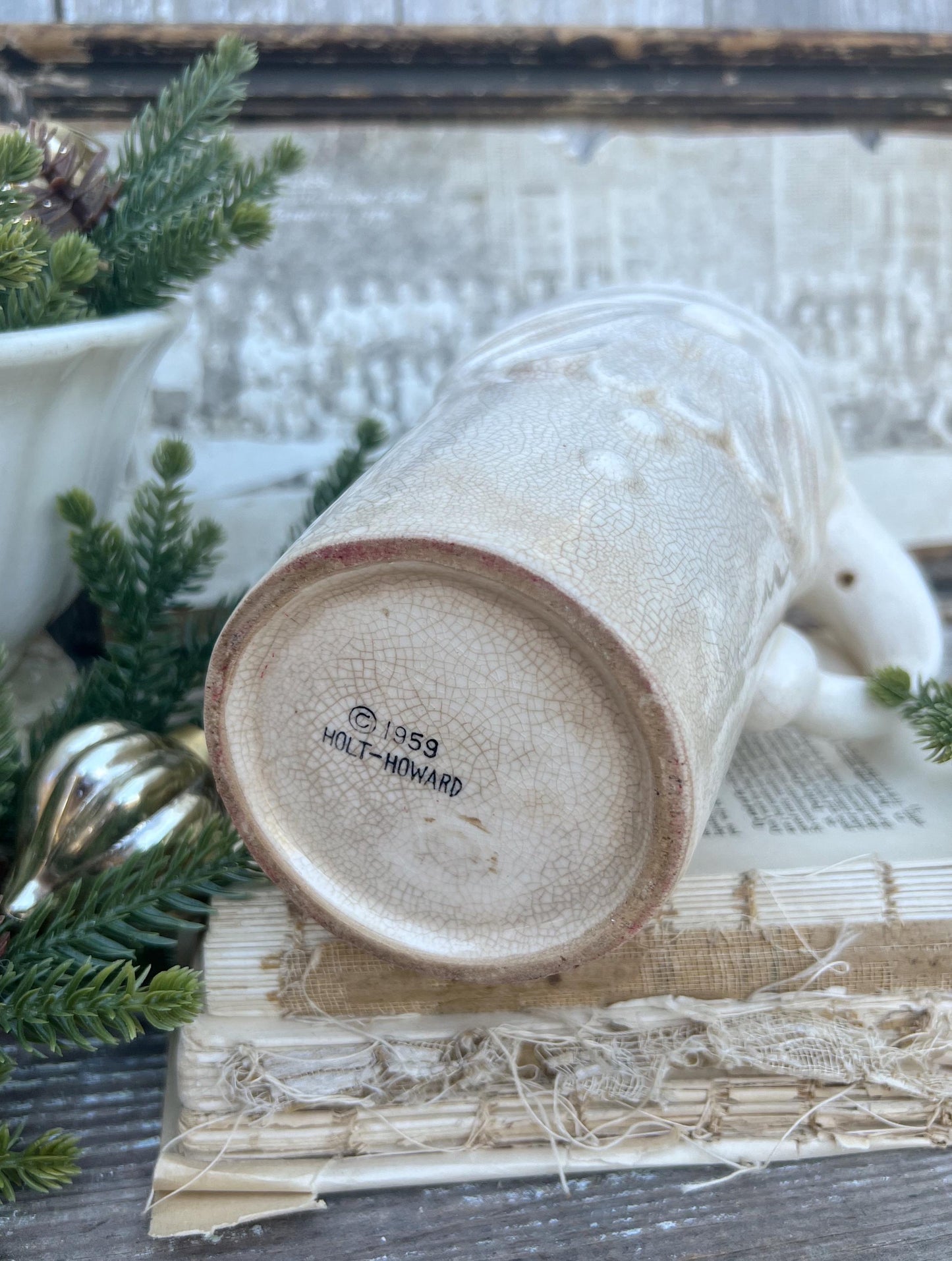 Vintage HOLT HOWARD 1959 Ironstone Santa Claus PITCHER Creamy White Santa Face Farmhouse Christmas Decor Rare Crazing Stained Large