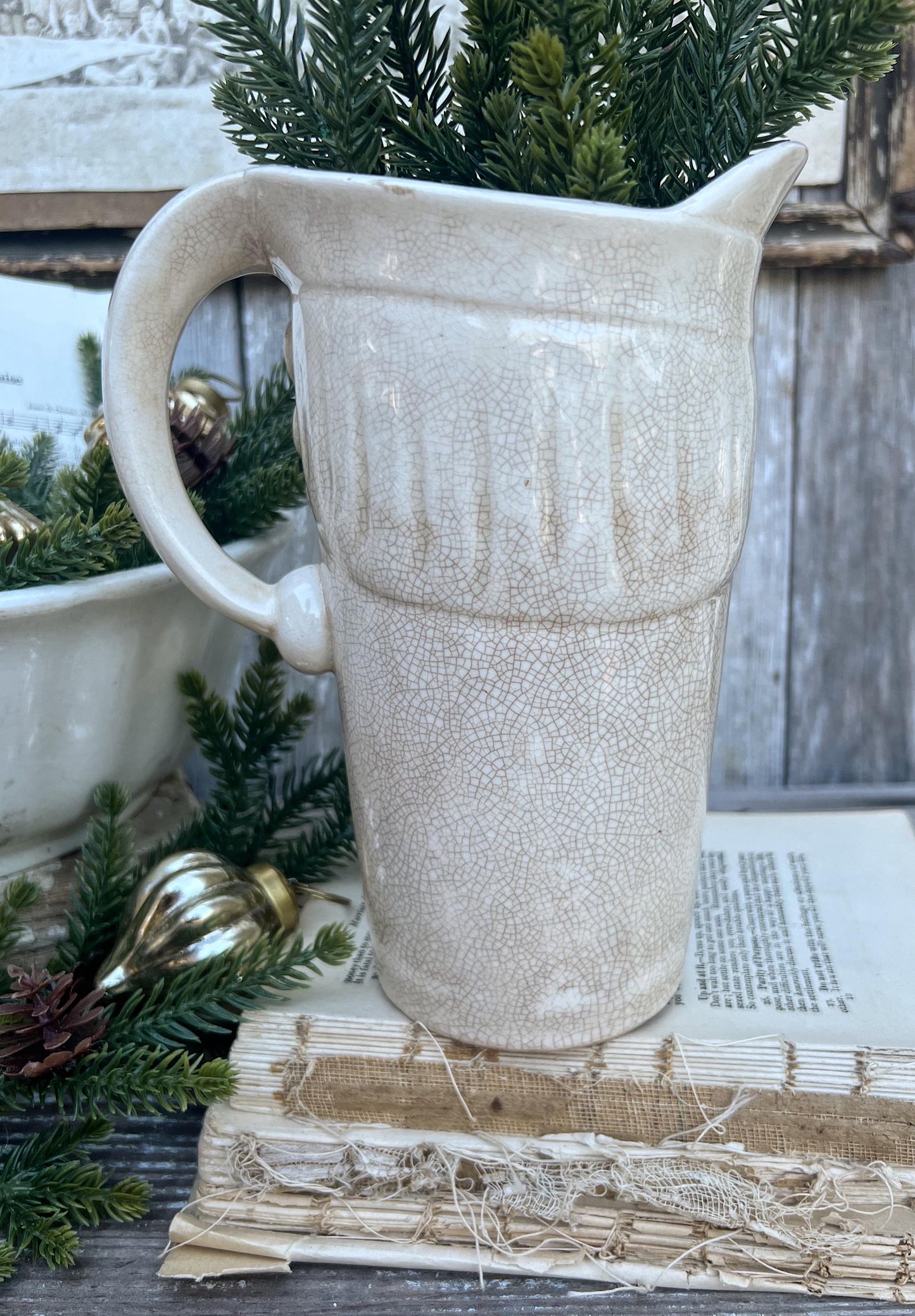 Vintage HOLT HOWARD 1959 Ironstone Santa Claus PITCHER Creamy White Santa Face Farmhouse Christmas Decor Rare Crazing Stained Large
