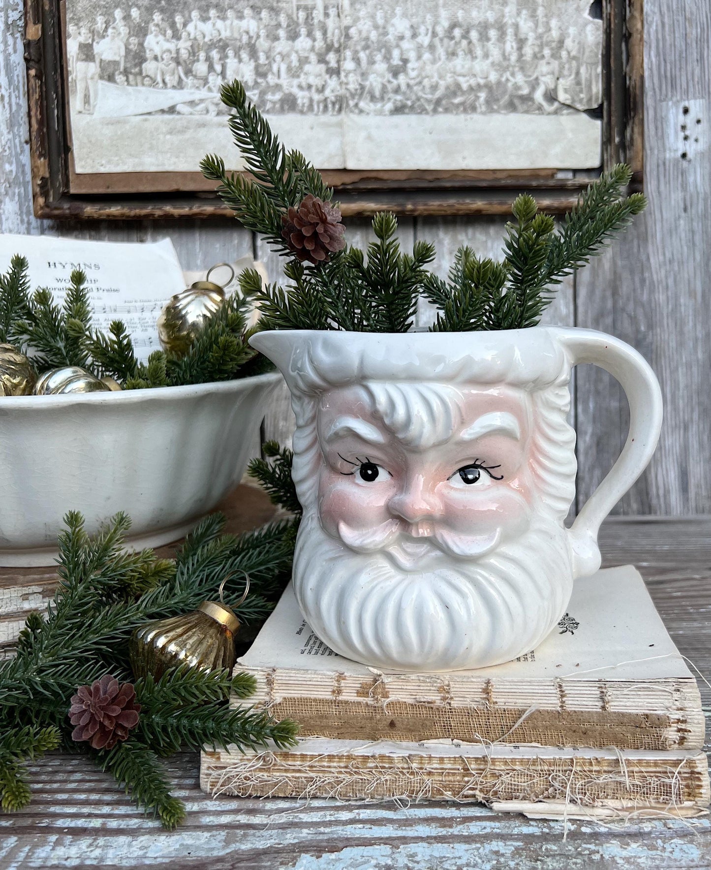 Vintage Ironstone Santa Claus PITCHER Tilso Japan White Christmas Decor Painted