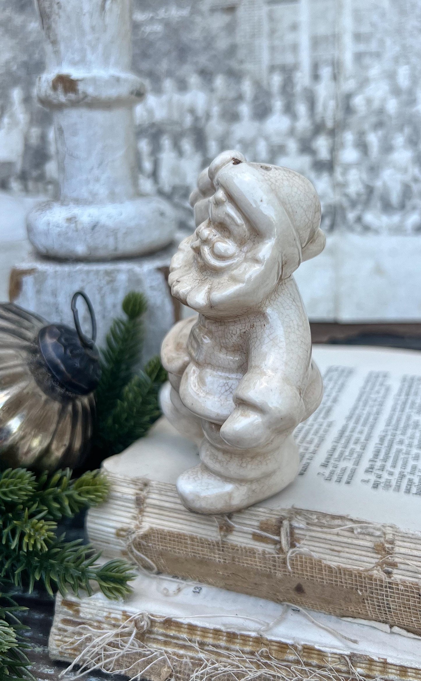 Vintage Ironstone Santa Claus with Candy Cane Salt Shaker Creamy WHITE Farmhouse Christmas Decor Stained Crazing