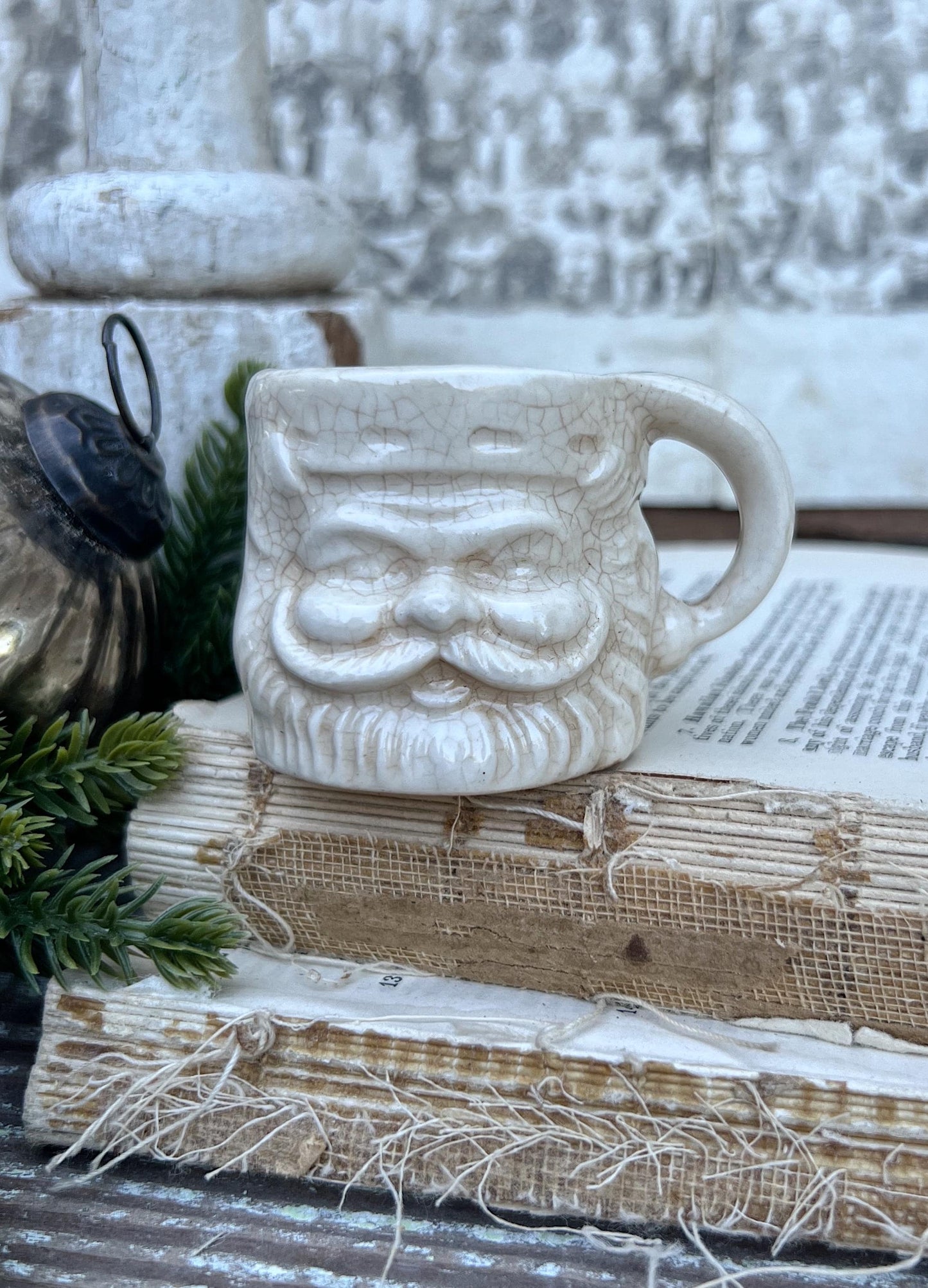 Vintage Ironstone Santa Claus Cup Mini Mug Santa Crazed Stained WHITE Farmhouse Christmas Decor JAPAN