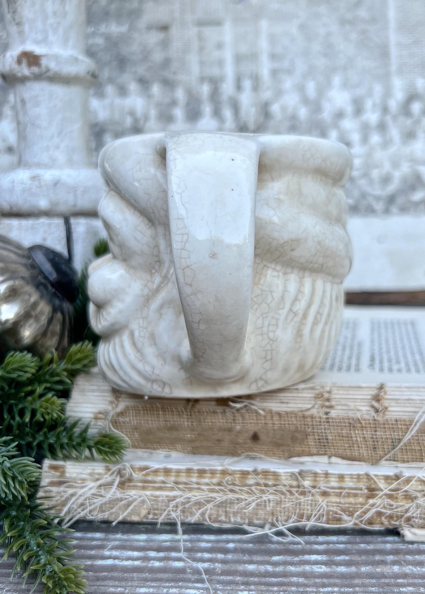 Vintage Ironstone Santa Claus Cup Mug FULL SIZE Creamy White Santa Farmhouse Christmas Decor RARE Japan Crazing Grungy Crazed