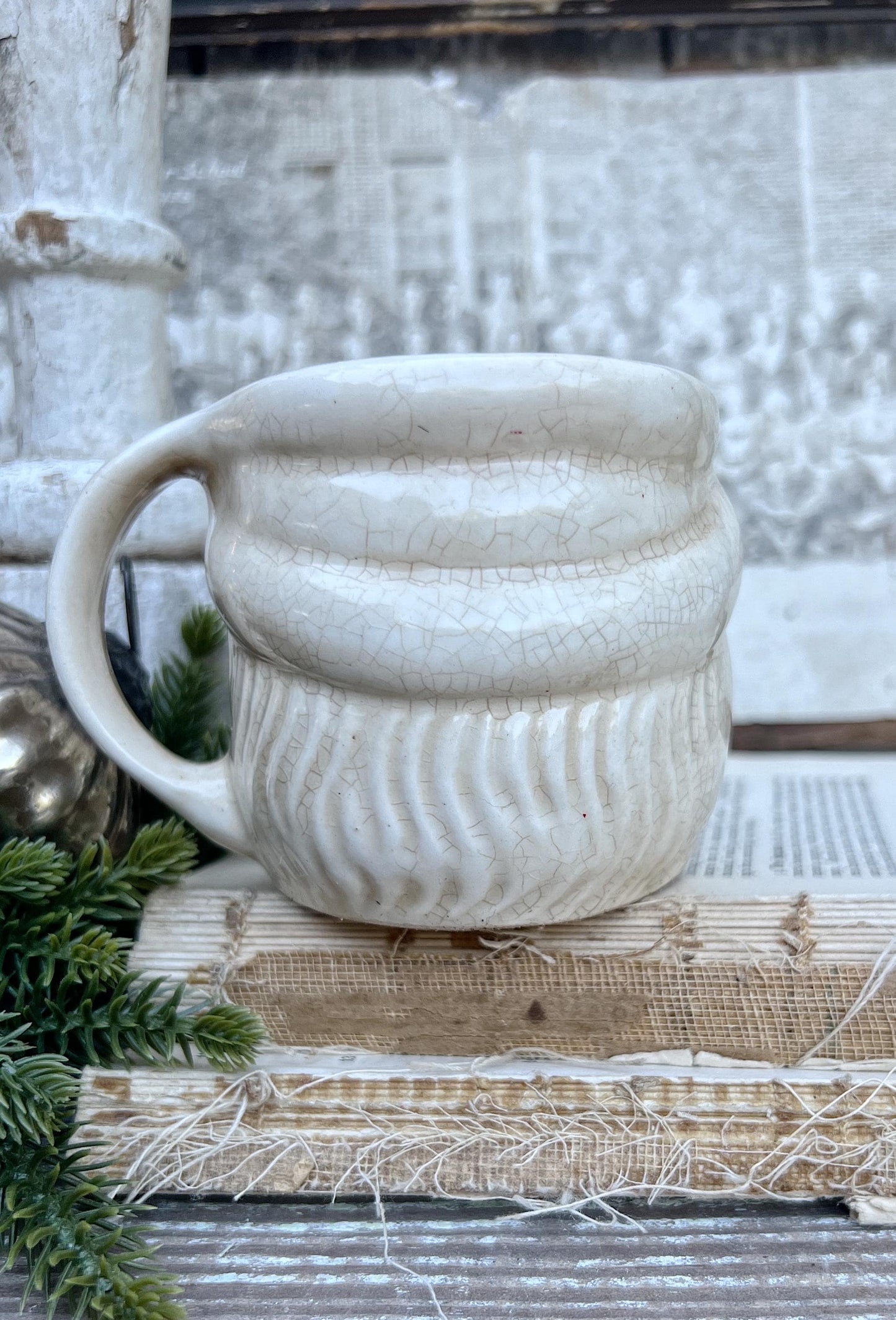 Vintage Ironstone Santa Claus Cup Mug FULL SIZE Creamy White Santa Farmhouse Christmas Decor RARE Japan Crazing Grungy Crazed