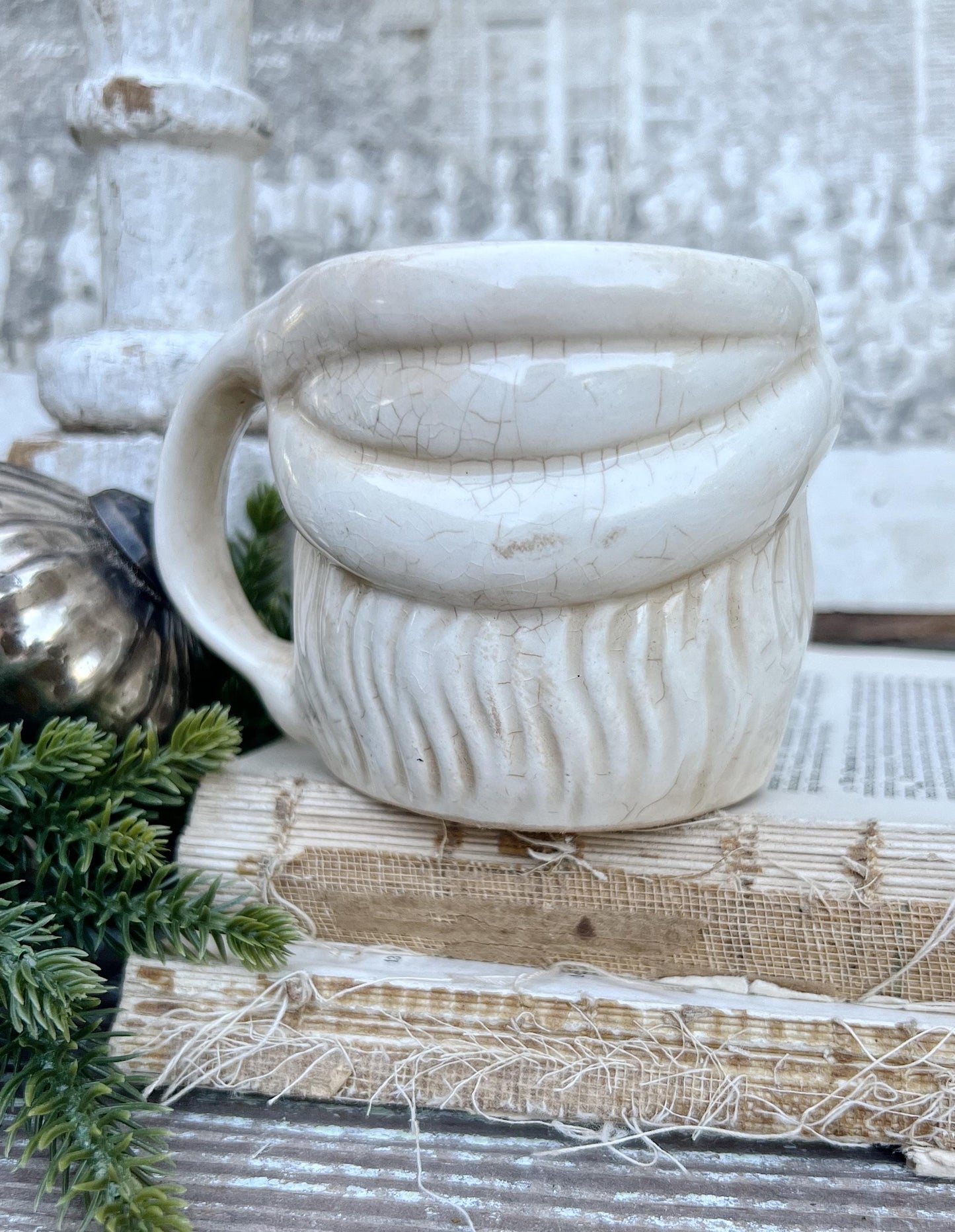 Vintage Ironstone Santa Claus Cup Mug FULL SIZE Creamy White Santa Farmhouse Christmas Decor RARE Japan Crazing Grungy Crazed