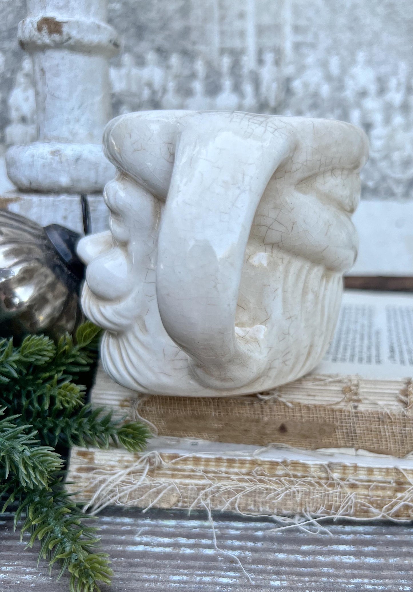 Vintage Ironstone Santa Claus Cup Mug FULL SIZE Creamy White Santa Farmhouse Christmas Decor RARE Japan Crazing Grungy Crazed