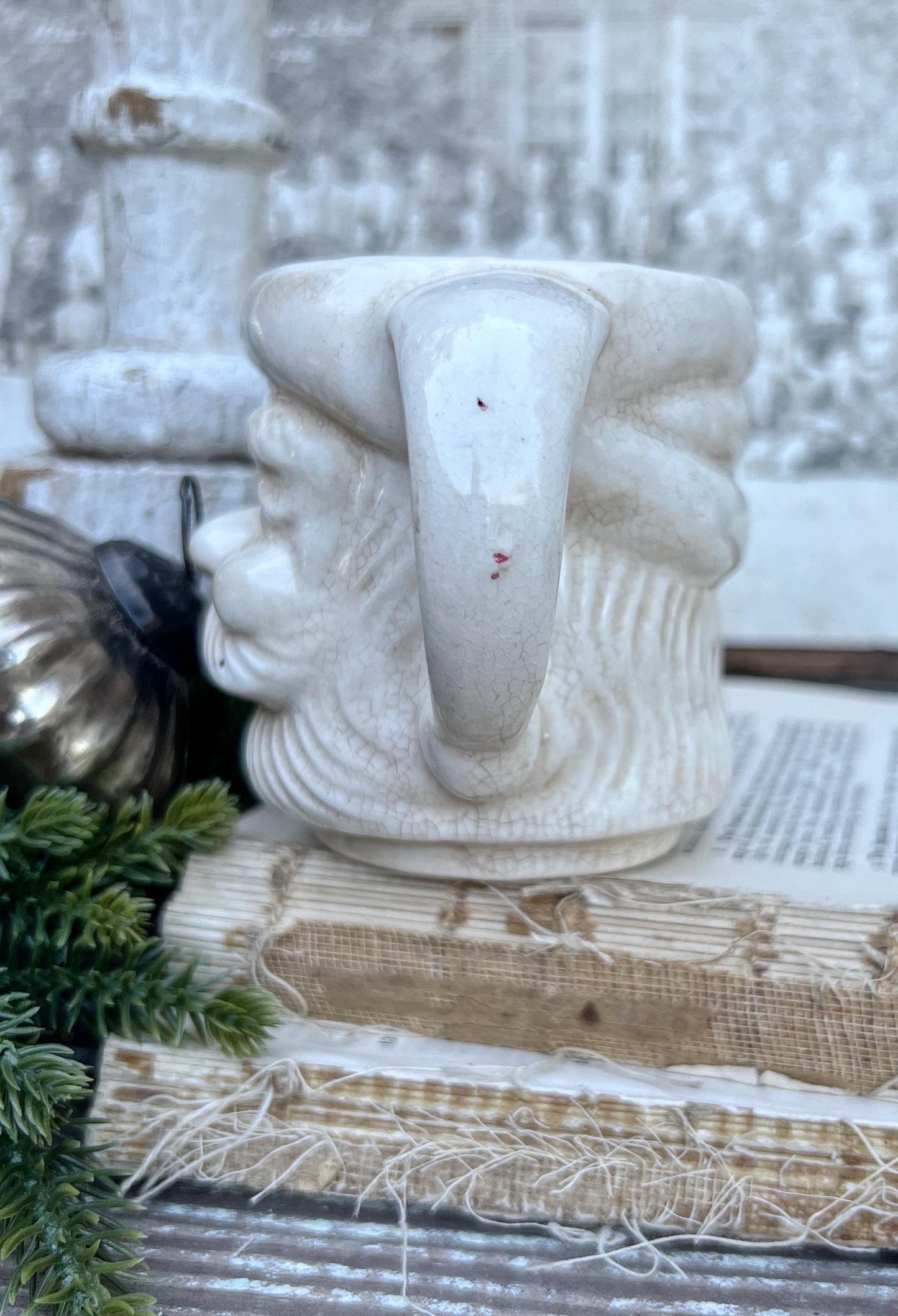 Vintage Ironstone Santa Claus Cup Mug FULL SIZE Creamy WHITE Santa Farmhouse Decor Stacking Footed Stackable Crazing Grungy Japan