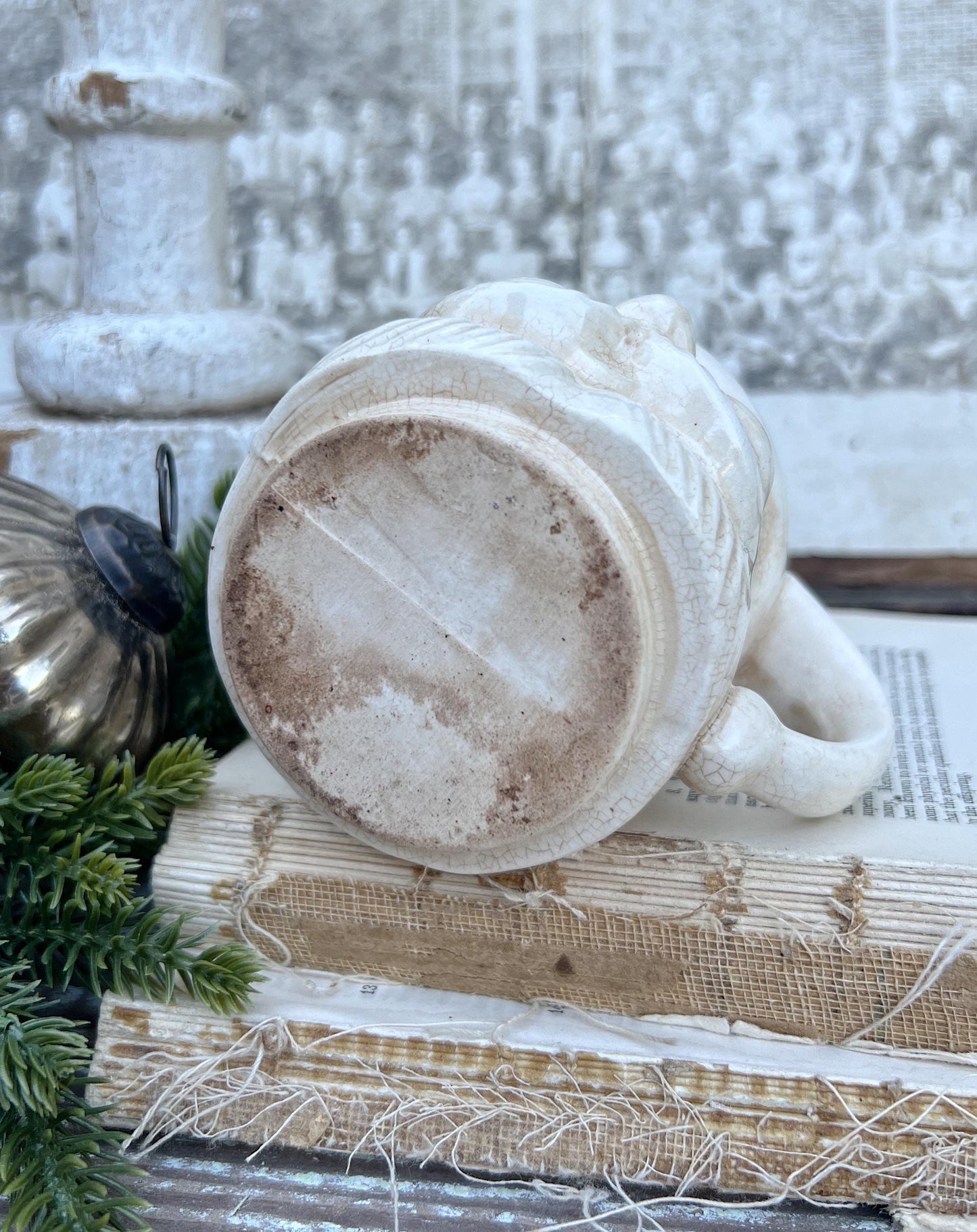 Vintage Ironstone Santa Claus Cup Mug FULL SIZE Creamy WHITE Santa Farmhouse Decor Stacking Footed Stackable Crazing Grungy Japan