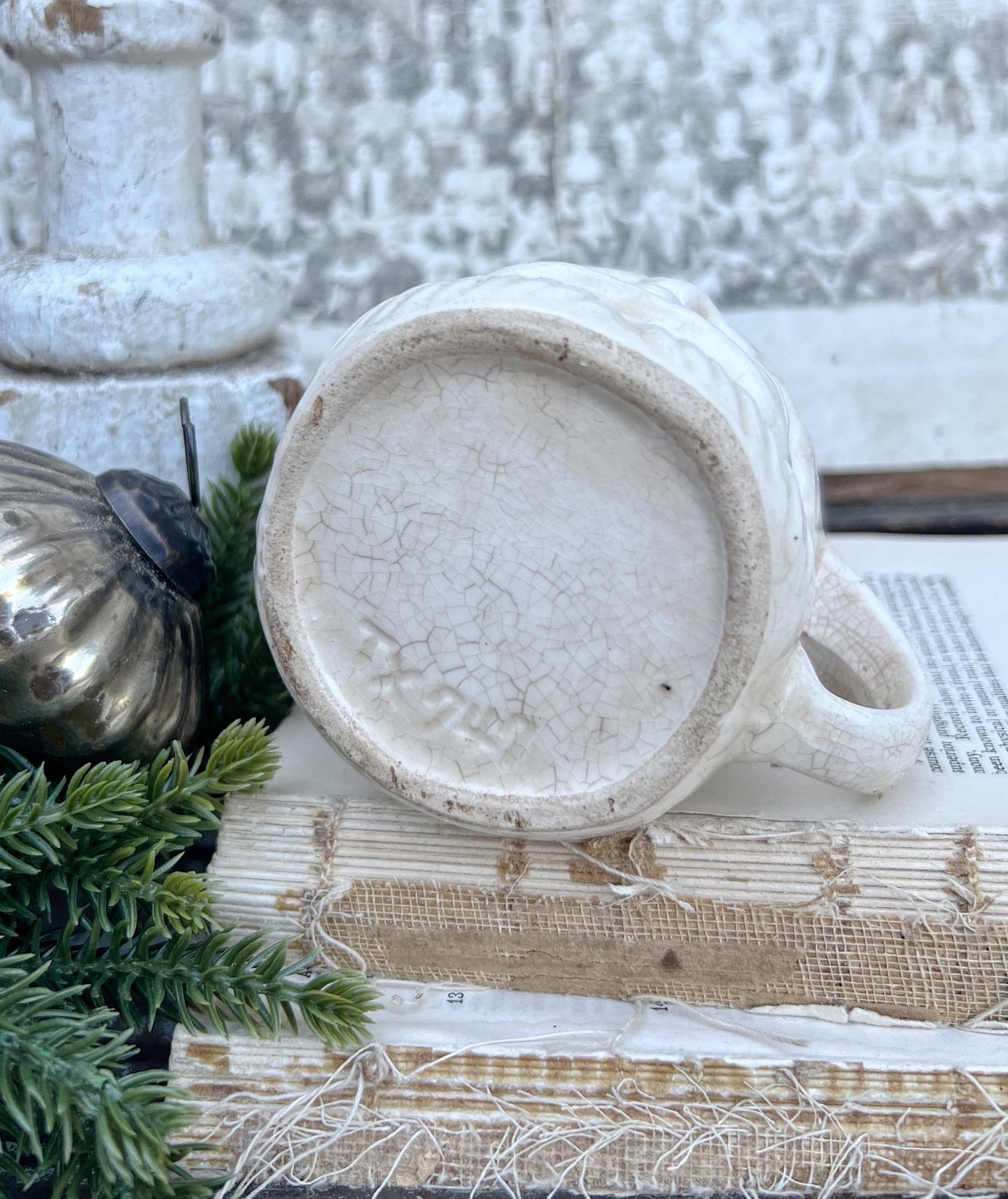 Vintage Ironstone Santa Claus Cup Mug FULL SIZE Creamy White Santa Farmhouse Christmas Decor RARE Japan Crazing Grungy Crazed