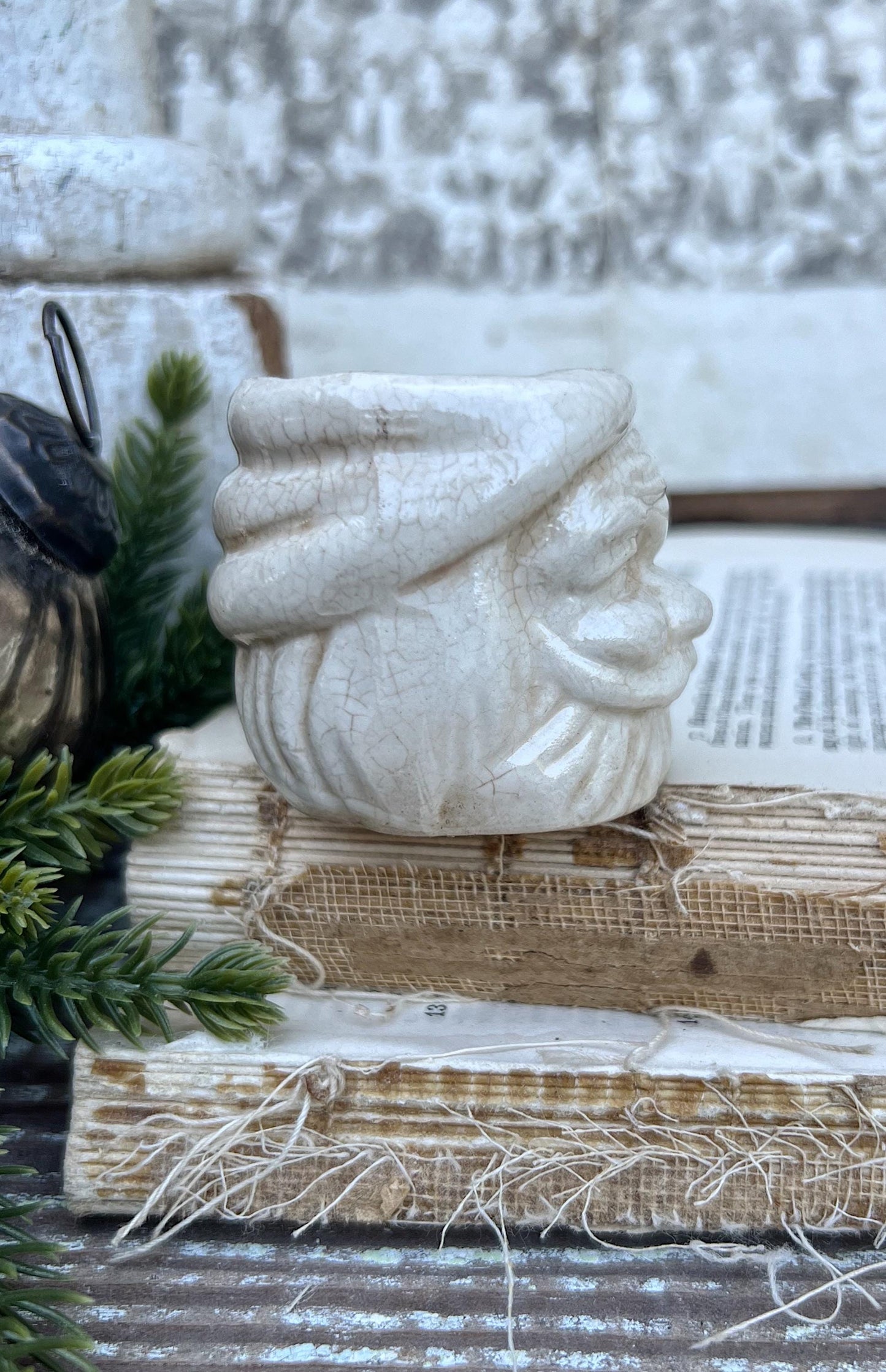 Vintage Ironstone Santa Claus Cup Mini Mug Santa Crazed Stained CREAMY WHITE Farmhouse Christmas Decor