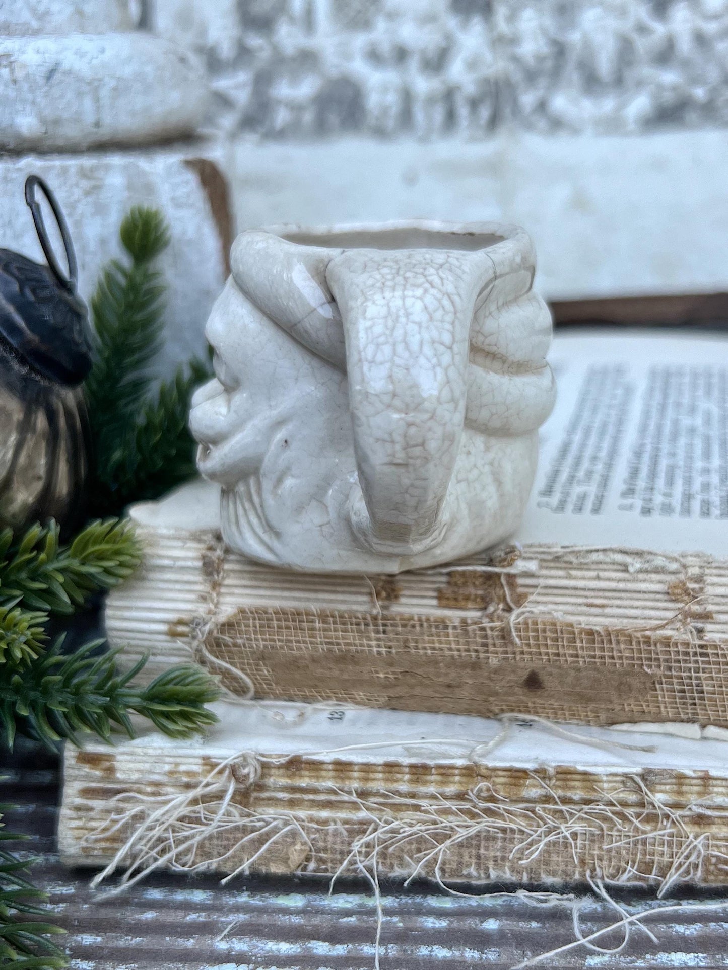 Vintage Ironstone Santa Claus Cup Mini Mug Santa Crazed Stained CREAMY WHITE Farmhouse Christmas Decor