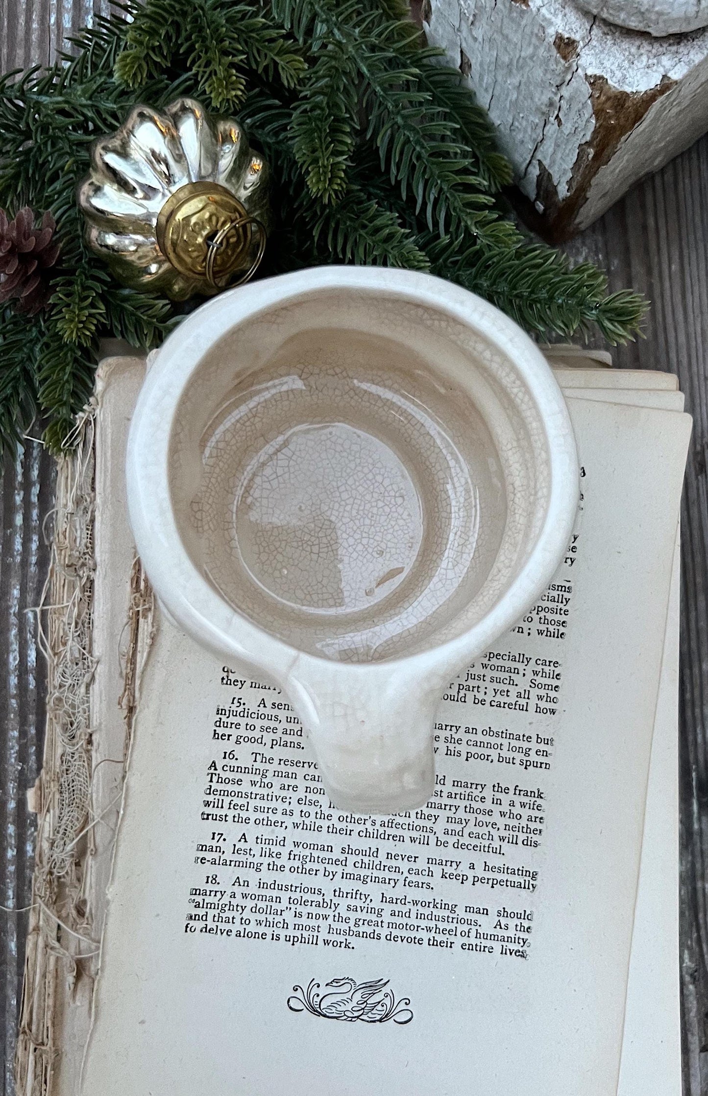 Vintage Ironstone Santa Claus Cup Mug FULL SIZE Creamy WHITE Santa Farmhouse Decor Stacking Footed Stackable Crazing Grungy Japan