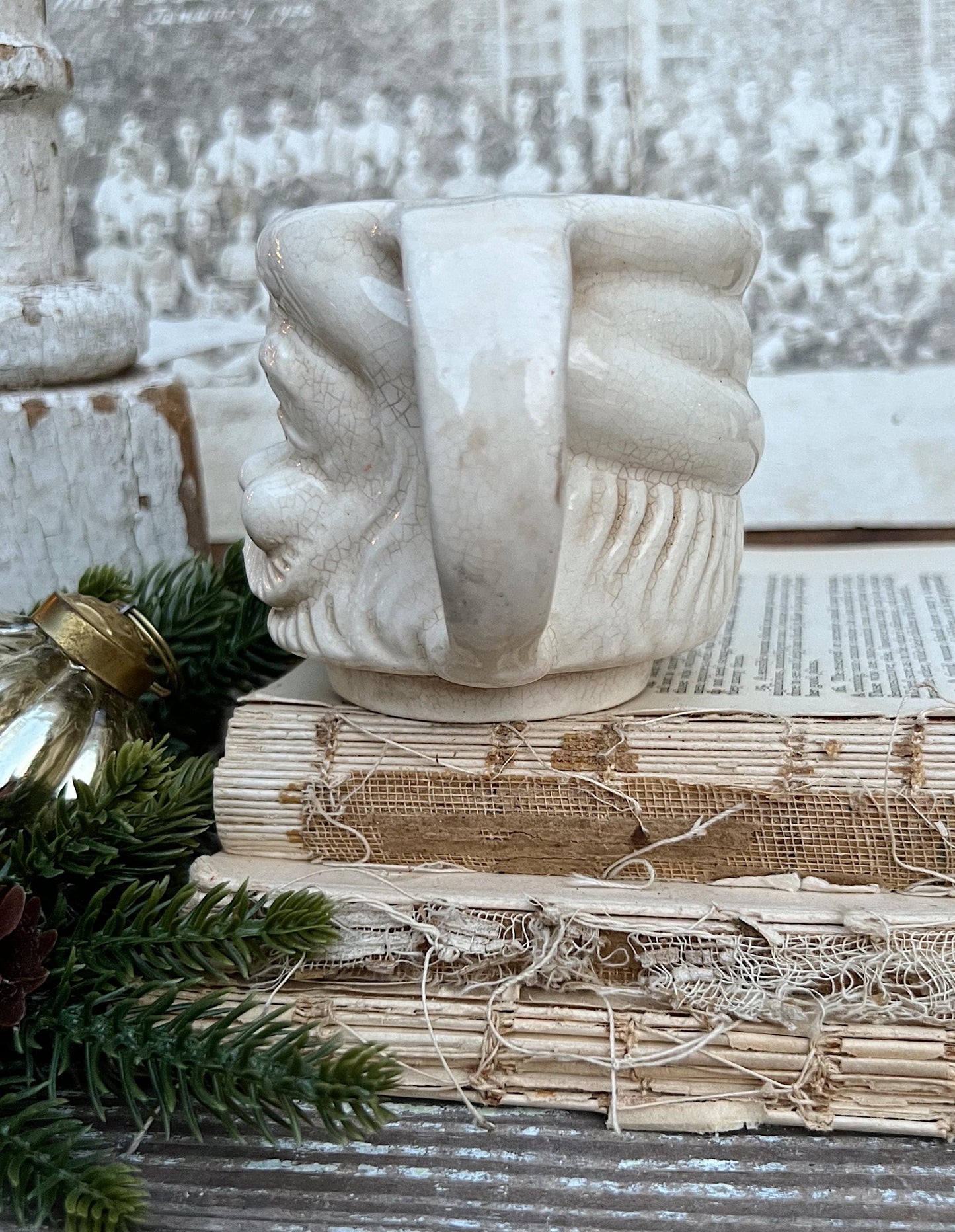 Vintage Ironstone Santa Claus Cup Mug FULL SIZE Creamy WHITE Santa Farmhouse Decor Stacking Footed Stackable Crazing Grungy Japan
