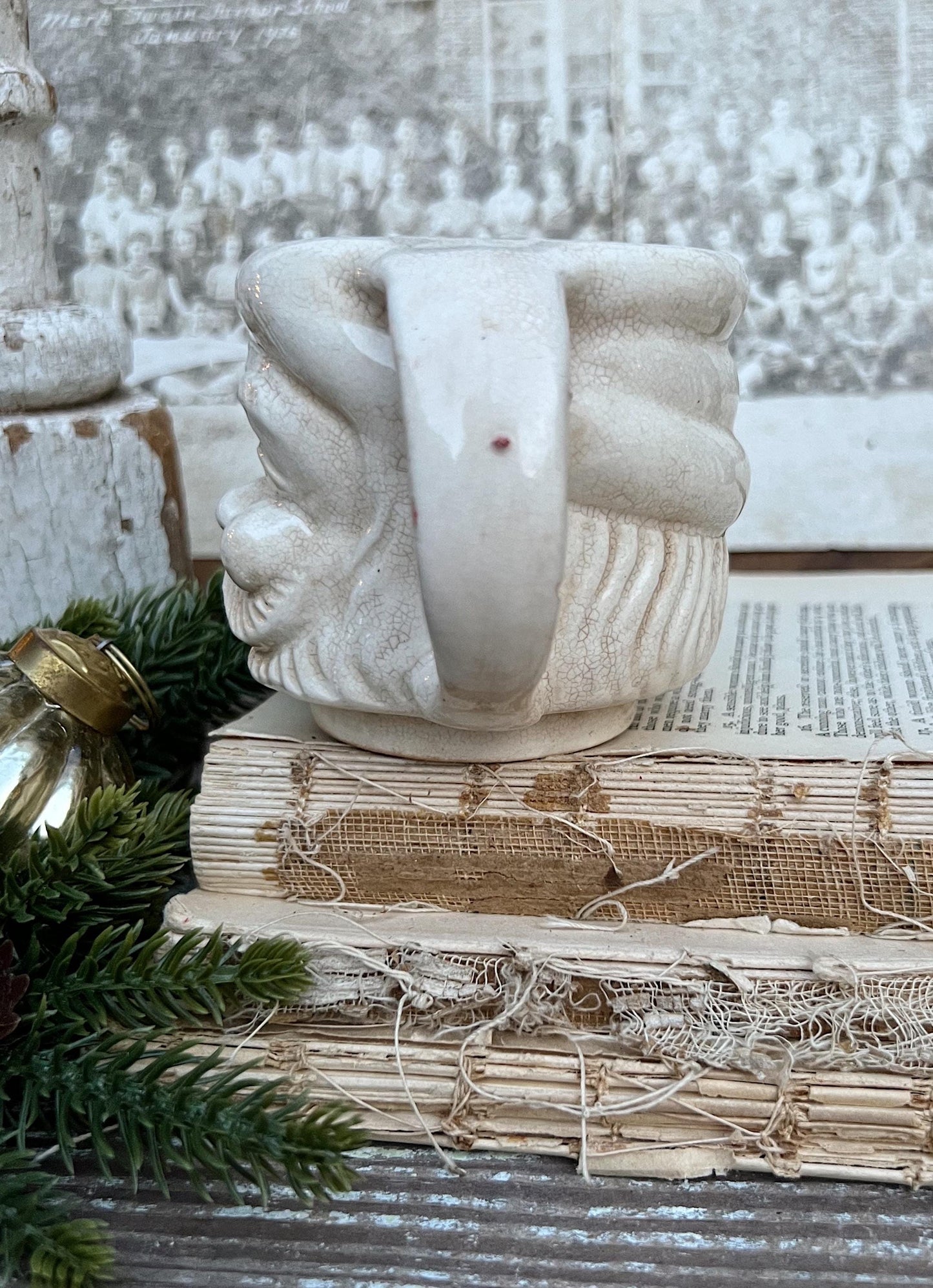 Vintage Ironstone Santa Claus Cup Mug FULL SIZE Creamy WHITE Santa Farmhouse Decor Stacking Footed Stackable Crazing Grungy Japan
