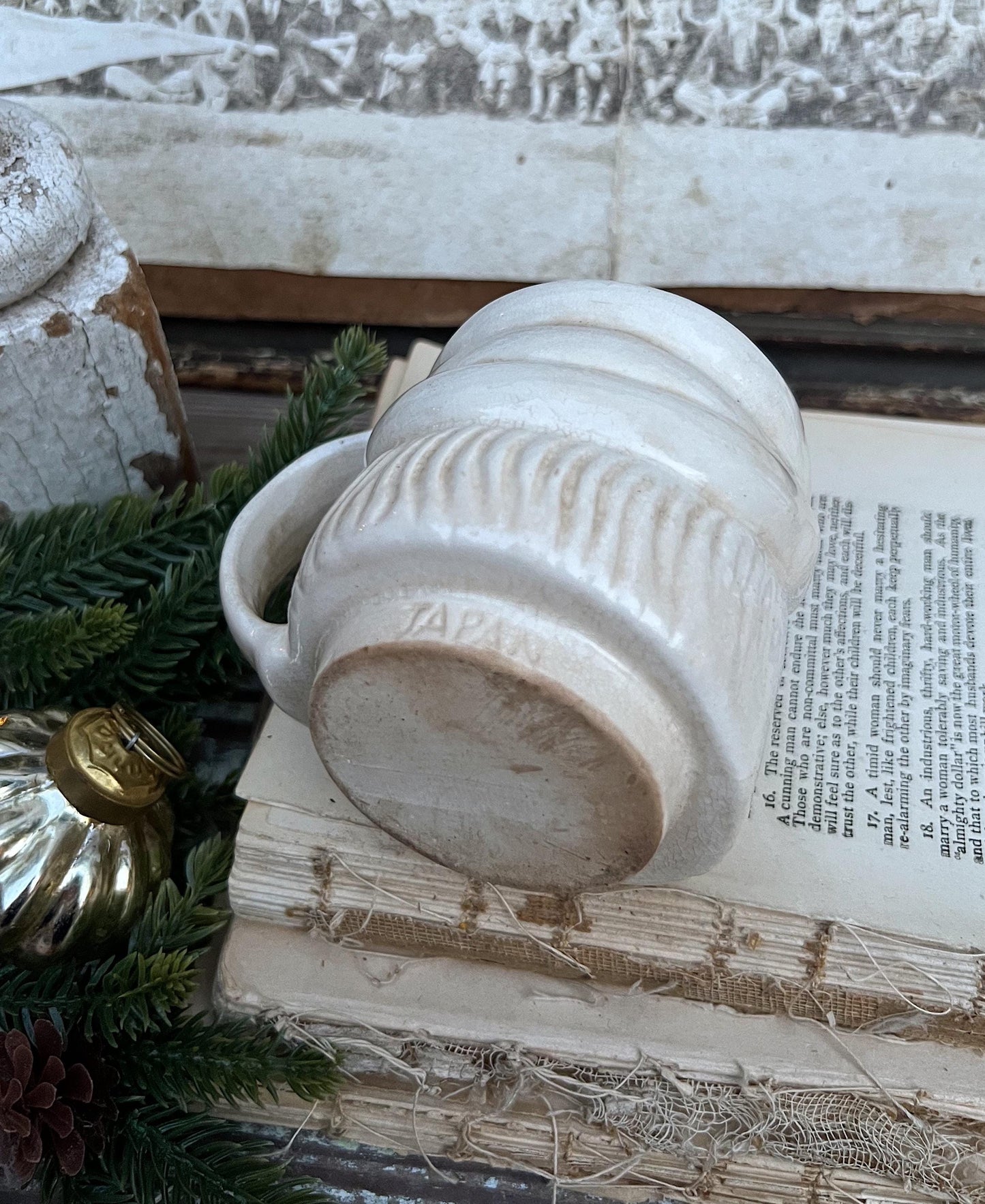 Vintage Ironstone Santa Claus Cup Mug FULL SIZE Creamy WHITE Santa Farmhouse Decor Stacking Footed Stackable Crazing Grungy Japan