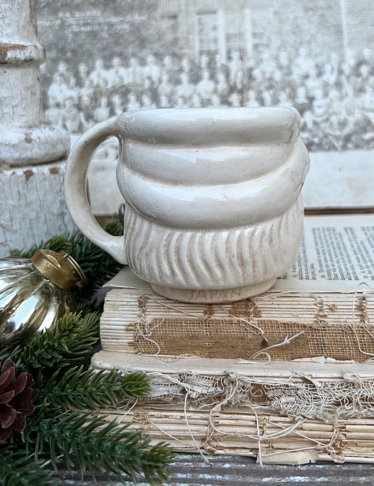 Vintage Ironstone Santa Claus Cup Mug FULL SIZE Creamy WHITE Santa Farmhouse Decor Stacking Footed Stackable Crazing Grungy Japan