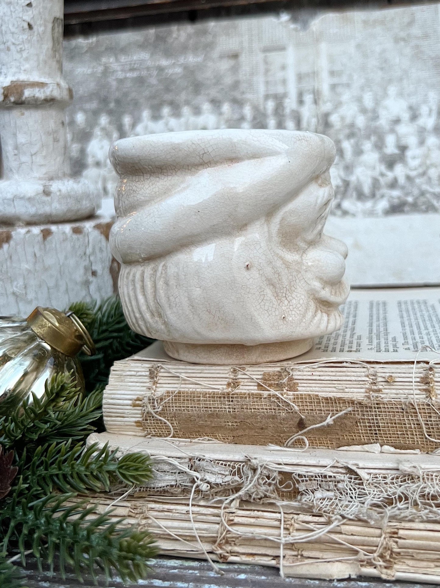 Vintage Ironstone Santa Claus Cup Mug FULL SIZE Creamy WHITE Santa Farmhouse Decor Stacking Footed Stackable Crazing Grungy Japan