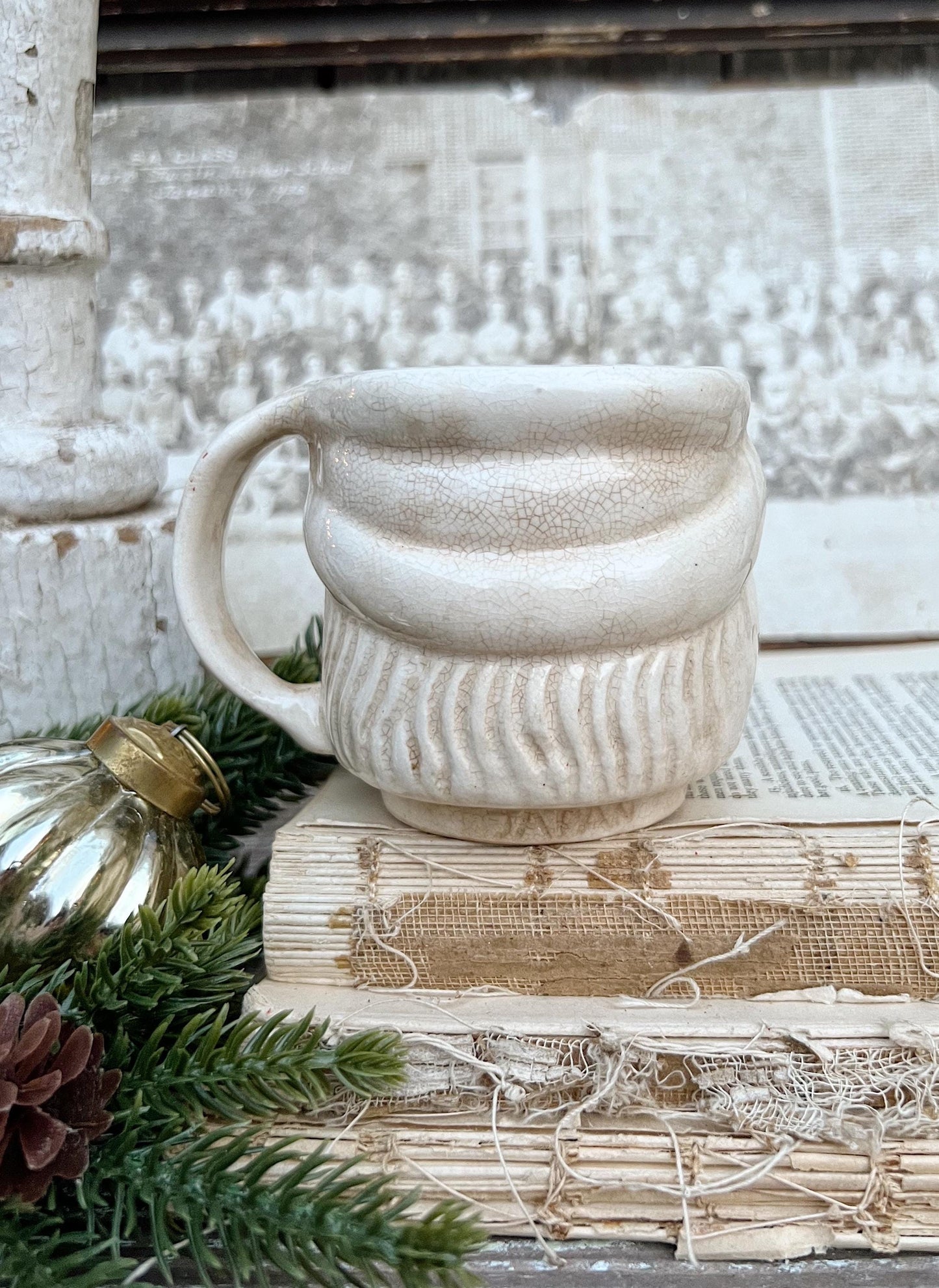Vintage Ironstone Santa Claus Cup Mug FULL SIZE Creamy WHITE Santa Farmhouse Decor Stacking Footed Stackable Crazing Grungy Japan