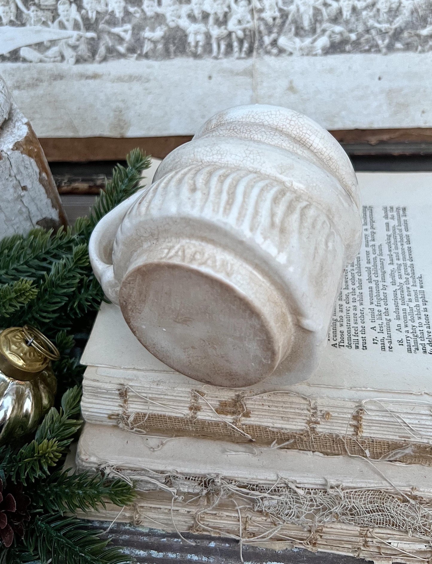 Vintage Ironstone Santa Claus Cup Mug FULL SIZE Creamy WHITE Santa Farmhouse Decor Stacking Footed Stackable Crazing Grungy Japan